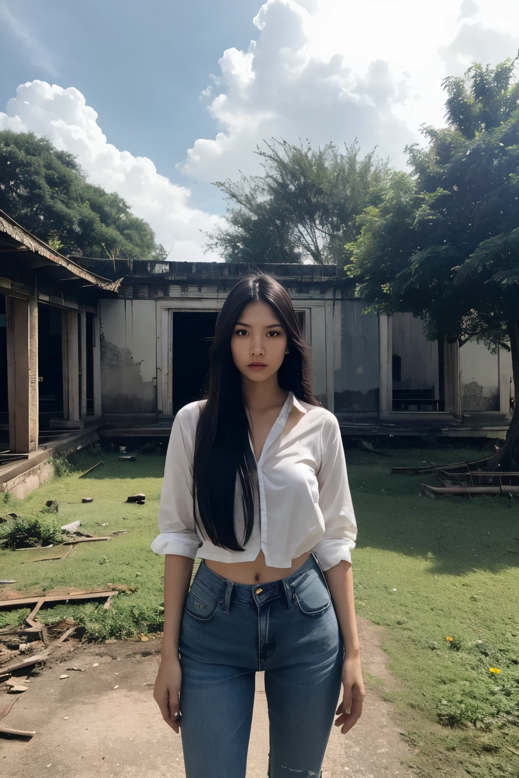 Thai Woman, look at viewer, long hair, shirt, jeans, cloud, day, sky,outdoors, post-apocalypse, ruins, scenery, tree, water,