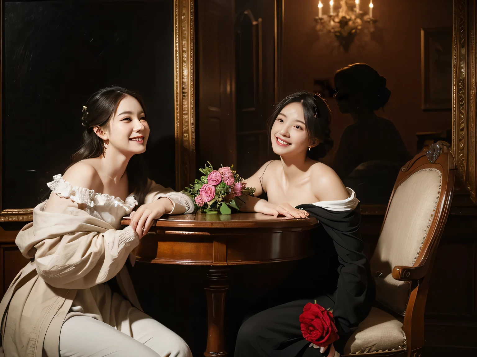 full body portrait ,fruits,Rose ,flower,Rosa,antique,A smile,,Sweet and seductive appearance.、Rubens paintings、Chiaroscuro of Caravaggio,Two women frolicking,Cute smile, Expression of ecstasy,sexy