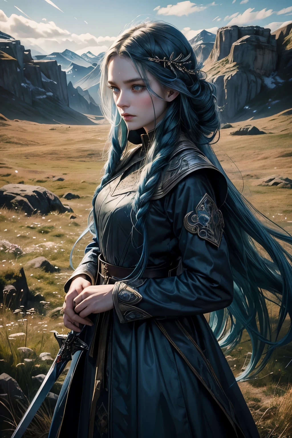 girl with blue beautiful long hair, blue eyes, in a medieval long closed dress, in a winter coat, scarred hands, Beautiful face, stern face, cold face, with sword in hands, Masterpiece, high quality, dark fantasy, closed long dress, sad face, blue long hair, very pale face, green meadows behind, Summer is behind us, dark blue hair