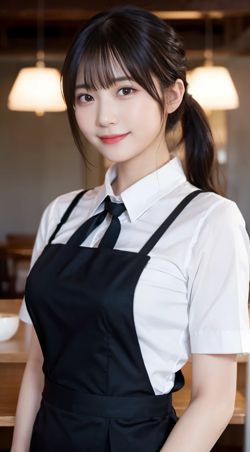 (highest quality,masterpiece:1.3,ultra high resolution,),(Super detailed,caustics),(Photoreal:1.4,RAW shooting,)ultra-realistic capture,very detailed,High resolution 16K human skin close-up。 natural skin texture、,The pores are、、、Must be detailed enough to be easily identified。 Skin should look even-toned and healthy。 Use natural light and color,restaurant,waitress uniform,1 girl,Japanese,18-year-old,cute,black haired,ponytail,big breasts,smile,turn your body forward,(Front view:1.1),look at the camera,cowboy shot,