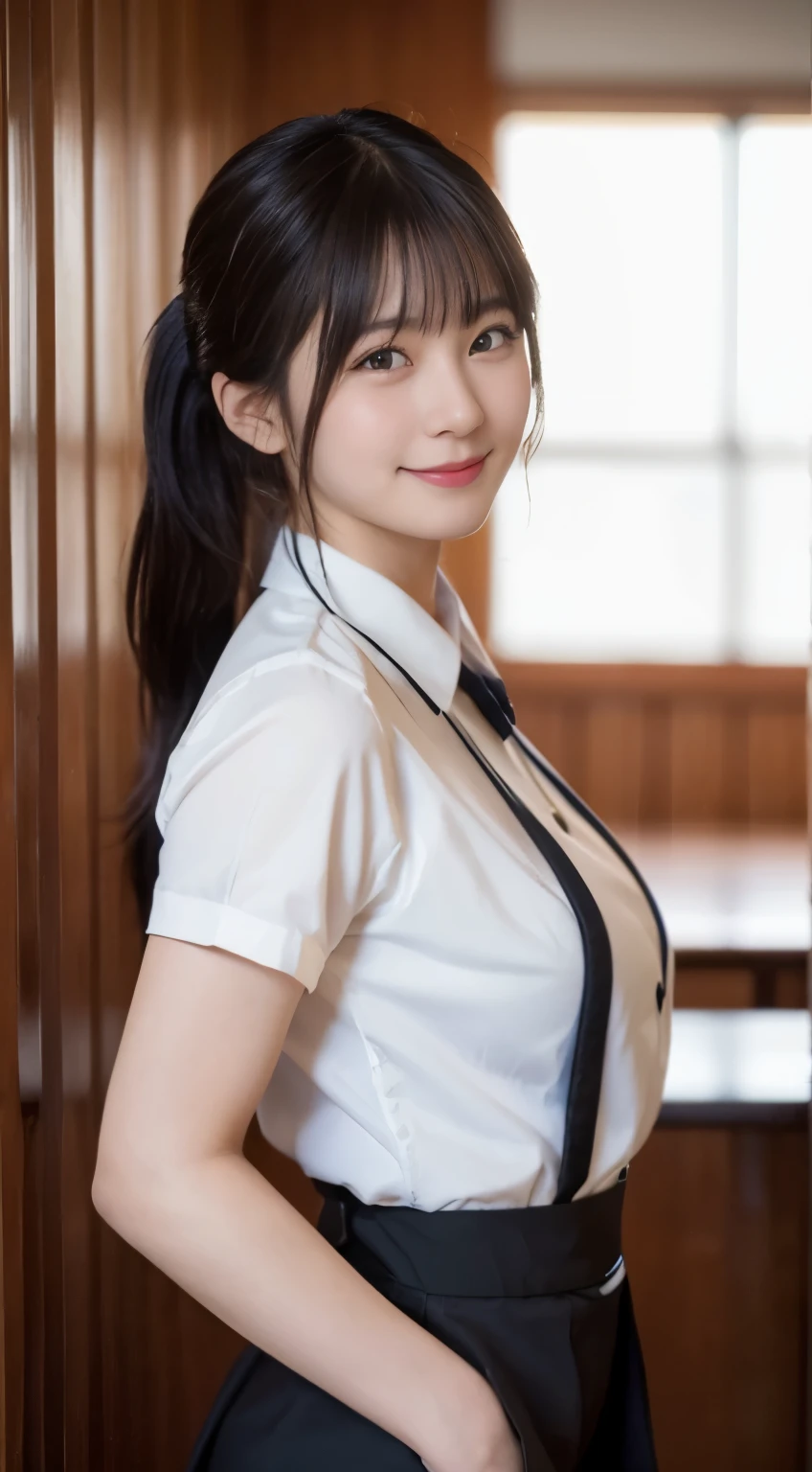 (highest quality,masterpiece:1.3,Ultra-high resolution,),(Very detailed,Caustics),(Photorealistic:1.4,RAW shooting,)Ultra-Realistic Capture,Very detailed,High resolution 16K human skin closeup。 Natural skin texture、,Pores、、、、It must be detailed enough to be easily identifiable。 Skin tone is even and healthy looking。 Use natural light and color,restaurant,Waitress Uniform,1 girl,Japanese,18-year-old,cute,Black-haired,ponytail,Big Breasts,smile,Turn your body forward,(Front view:1.1),Looking at the camera,Cowboy Shot,