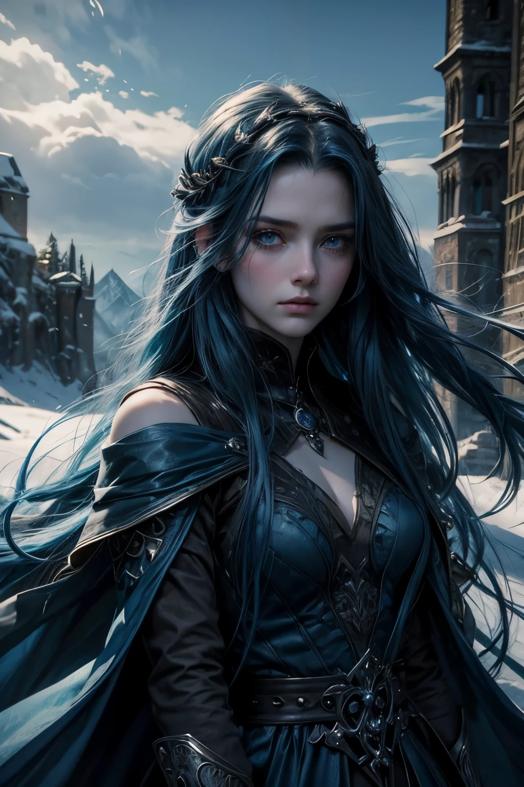 girl with blue beautiful long hair, blue eyes, in a medieval long closed dress, in a winter coat, scarred hands, Beautiful face, stern face, cold face, with sword in hands, Masterpiece, high quality, dark fantasy, closed long dress, sad face, blue long hair, very pale face, green meadows behind, Summer is behind us, dark blue hair