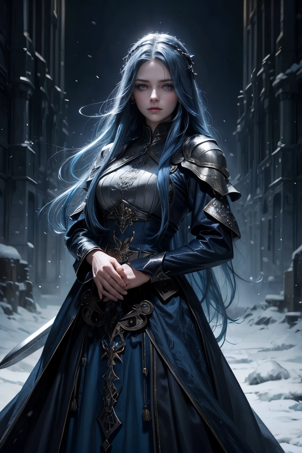 girl with blue beautiful long hair, blue eyes, in a medieval long closed dress, in a winter coat, scarred hands, Beautiful face, stern face, cold face, with sword in hands, Masterpiece, high quality, dark fantasy, closed long dress, sad face, blue long hair, very pale face, In a simple dress, In a simple dress, gloved, collected hair, collected hair, dark blue hair