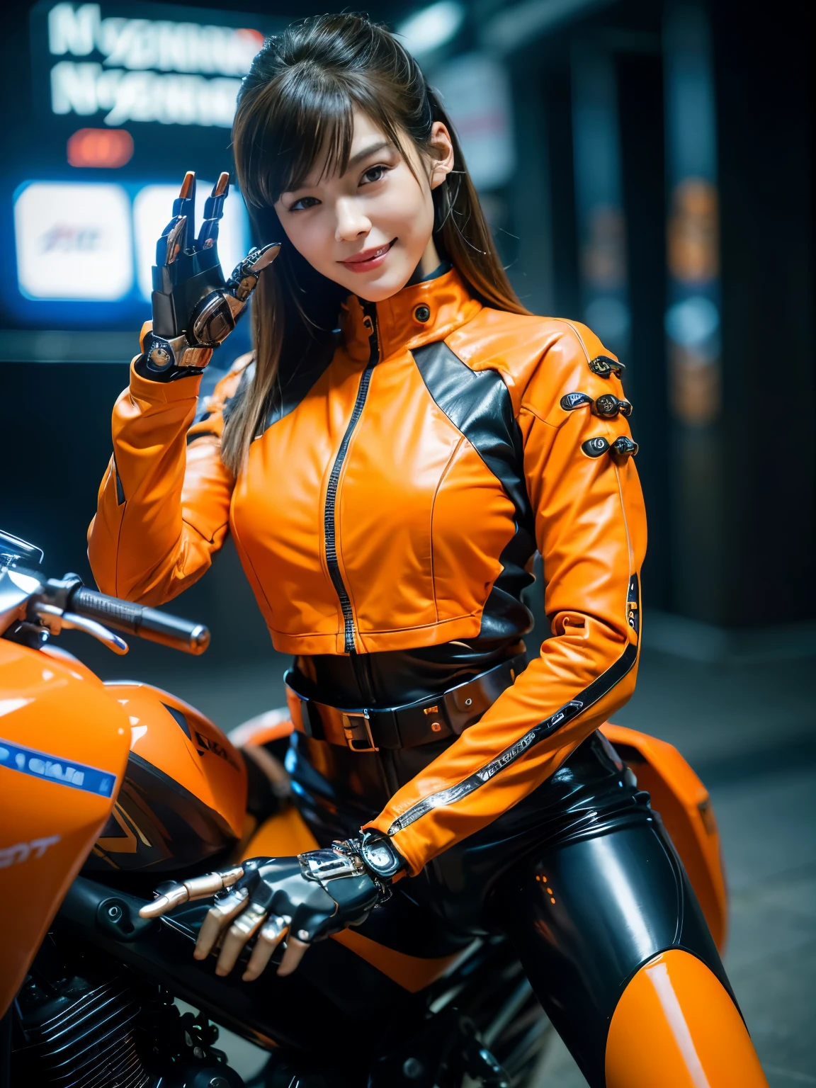 ((best quality)), ((masterpiece)), ((perfect face))、（(detailed motorcycle)）、Detailed and clear photos、((Cyborg Woman))、((Orange long sleeve riding jacket and leather pants))、((riding a motorcycle))、((cybernetics))、slender body、((Woman with mechanical body))、communication headset、(((steel fingers)))、(((The body is mechanized)))、full body shot、The background is a futuristic city、smile