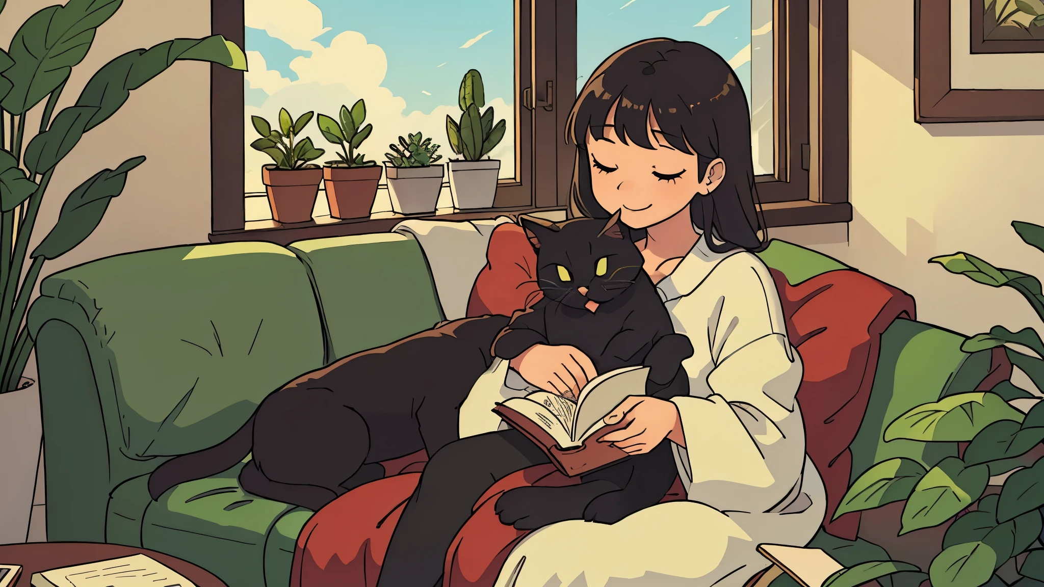 There is a cozy living room with natural light streaming in through the windows. , some plants, Living room, sitting on couch, black cat sleeping on girl's lap, petting, girl, houseplants, warm, daytime, soothing, smiling,master piece , best quality , detailed , reading book,