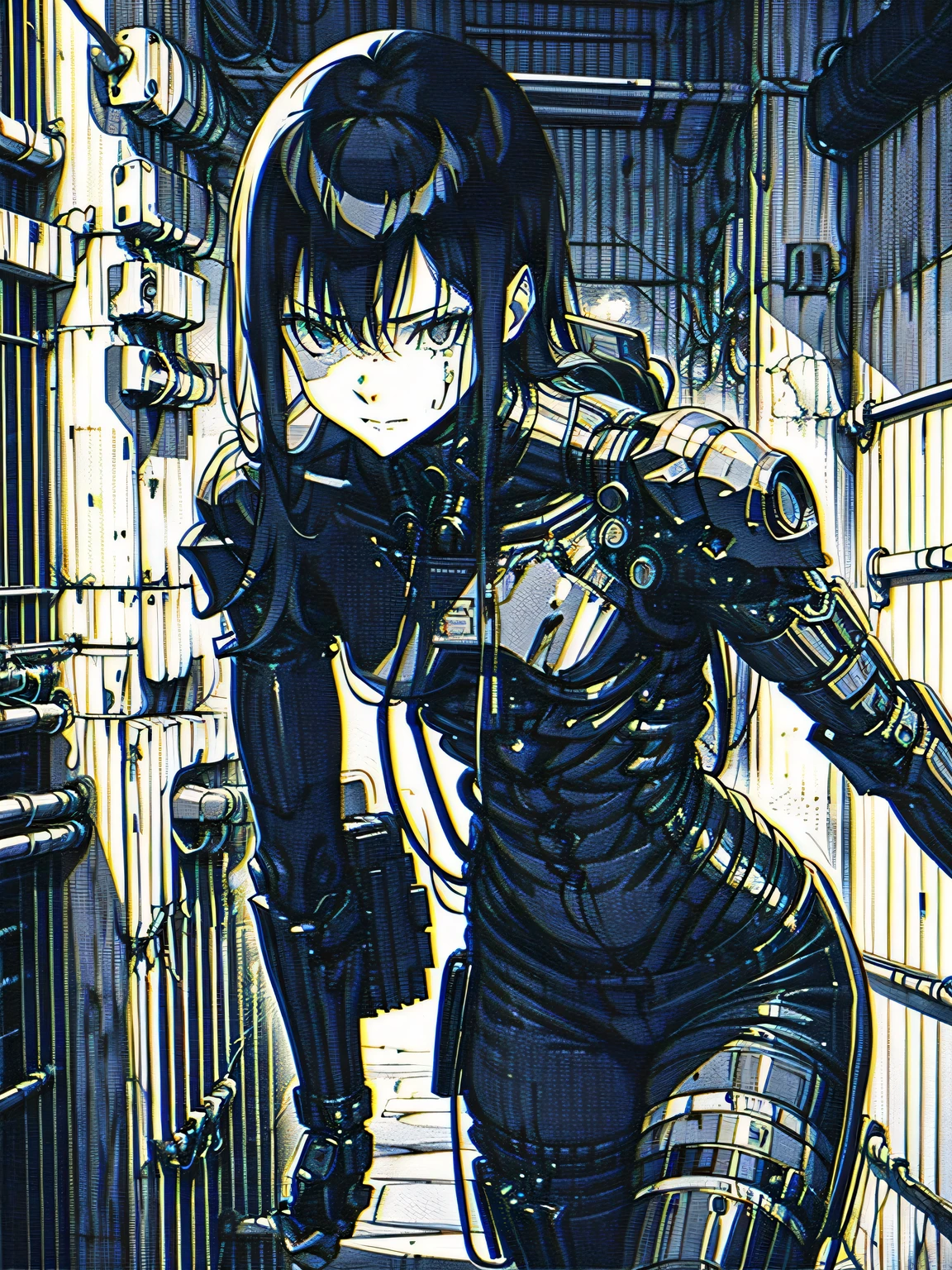 by xenotrip, monochrome, greyscale, blood, cable, science fiction, cyberpunk, chromatic aberration, indoors, detailed background, 1girl, beautiful, solo, wears tech wear,