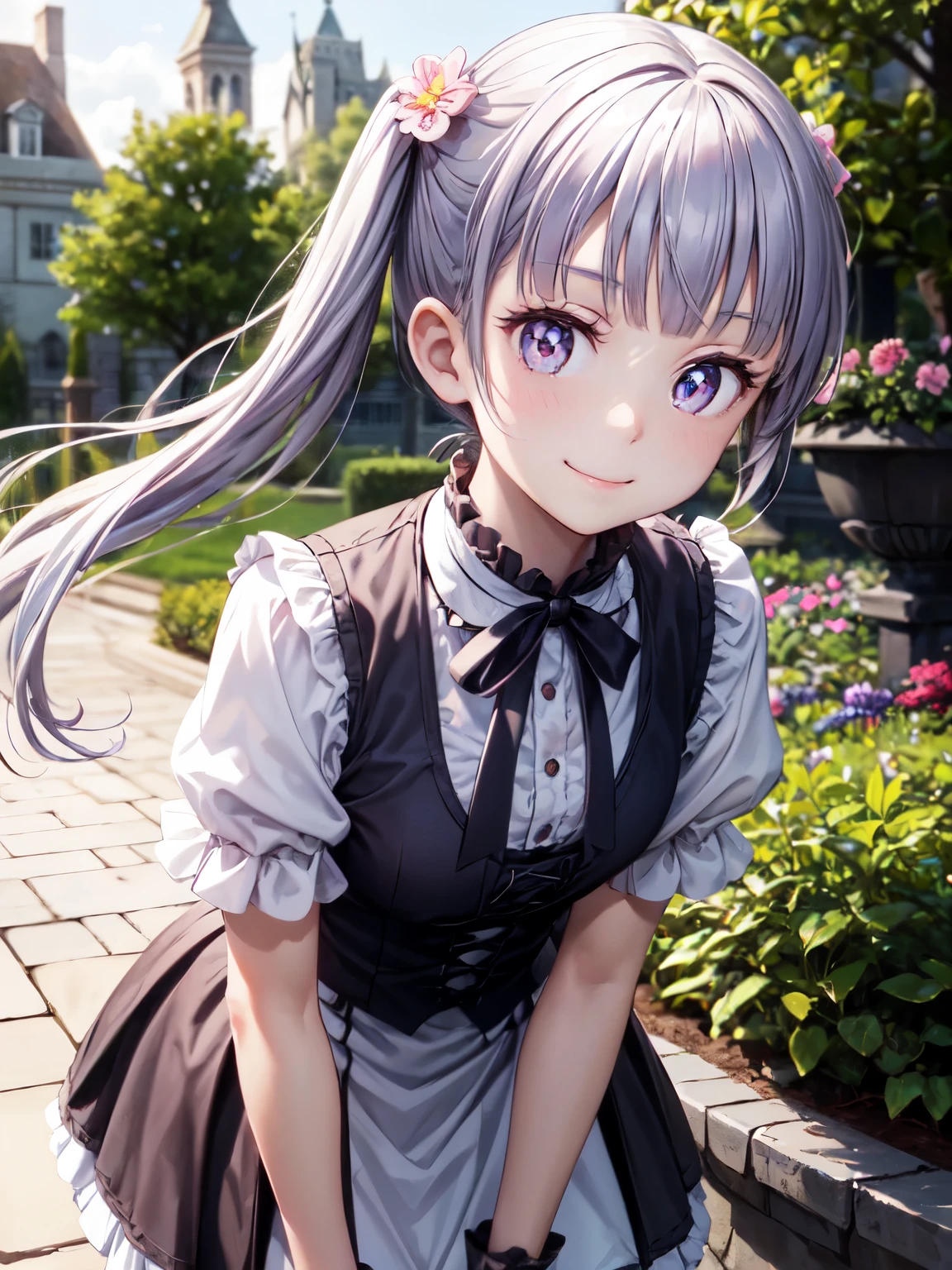 super detailed, High resolution,[8k images:1.15],garden、全体的にlong hair、1 girl, smile, suzukaze aoba, long hair, brown hair、bright pupils、open chest、gothic ****ta clothes、Cute skirt、skirt, white skirt、absolute reference to center、leaning forward