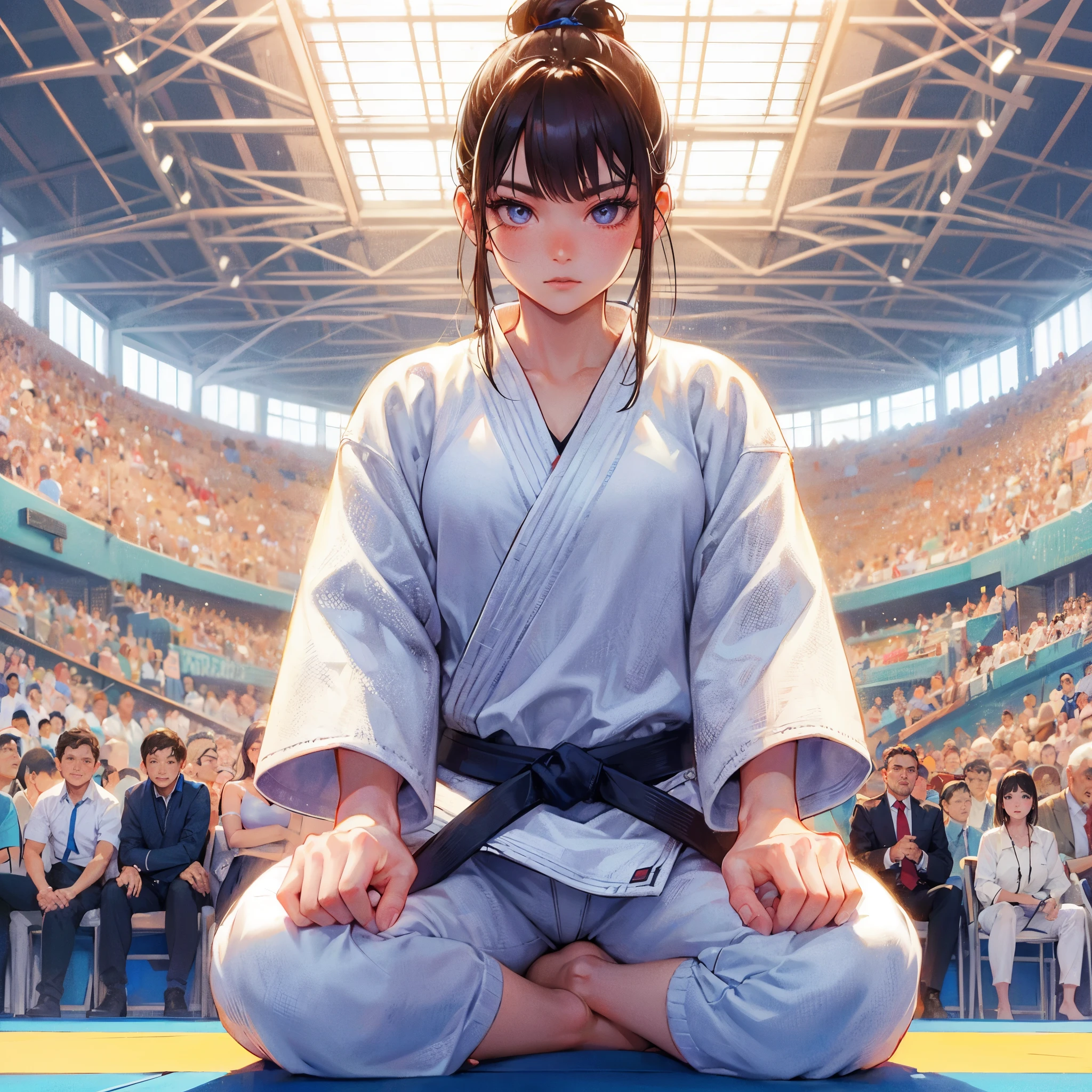 high quality,HD,16k,sharp lines,1 girl,Female judo athlete ,cute face, medium breasts, nice legs,At the judo venue,focus girl,detailed beautiful face,detailed clothes,beautiful eyes,cool,dynamic angle