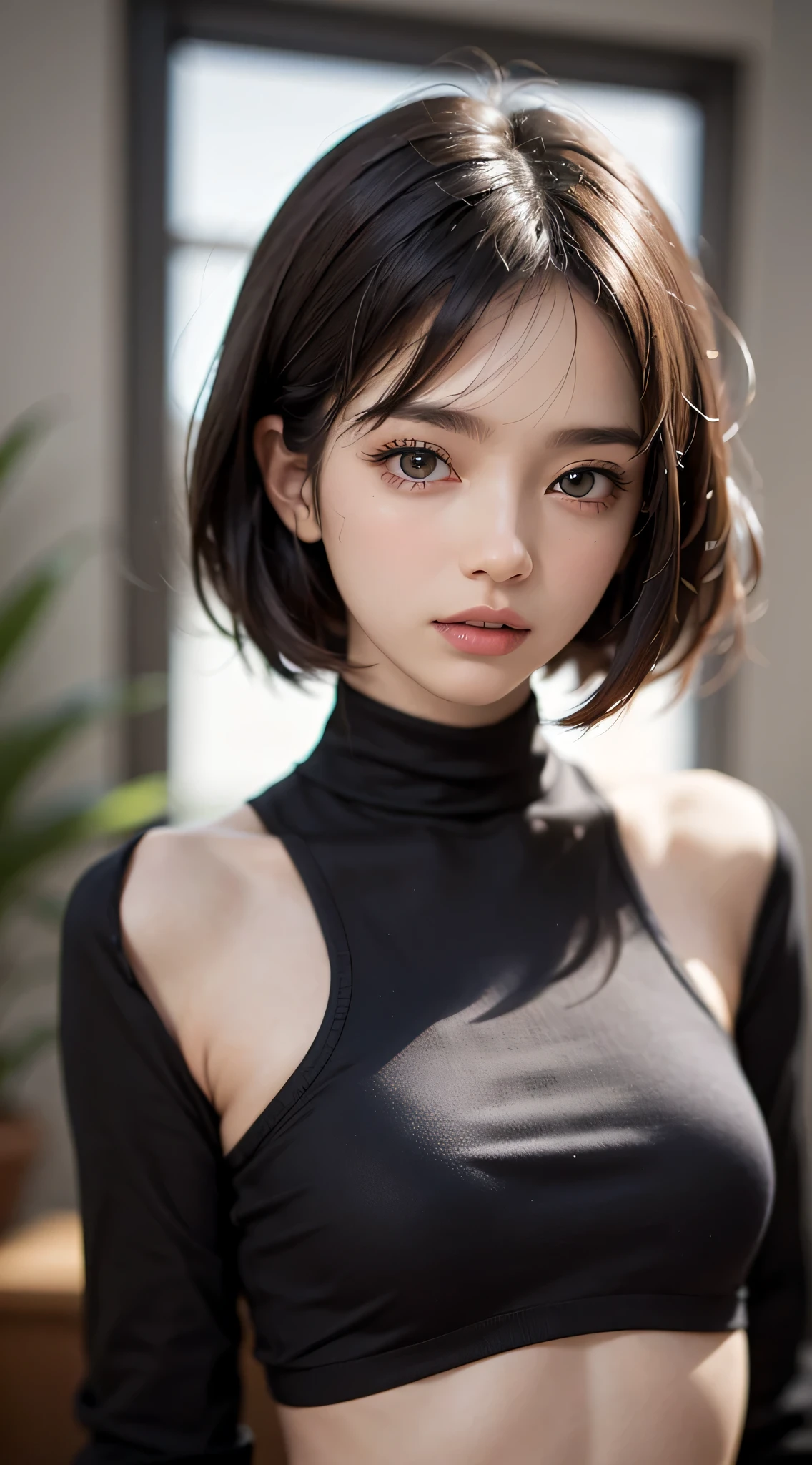 (masterpiece:1.3), (8k, photorealistic, RAW photo, best quality: 1.4), (1girl), beautiful face, (realistic face), (black hair, short hair:1.3), beautiful hairstyle, realistic eyes, beautiful detailed eyes, (realistic skin), beautiful skin, (sweater), absurdres, attractive, ultra high res, ultra realistic, highly detailed, golden ratio