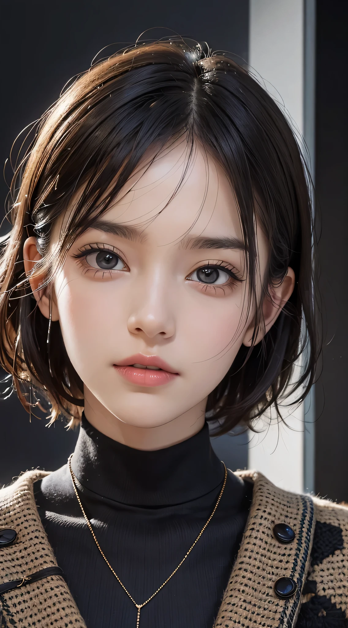 (masterpiece:1.3), (8k, photorealistic, RAW photo, best quality: 1.4), (1girl), beautiful face, (realistic face), (black hair, short hair:1.3), beautiful hairstyle, realistic eyes, beautiful detailed eyes, (realistic skin), beautiful skin, (sweater), absurdres, attractive, ultra high res, ultra realistic, highly detailed, golden ratio