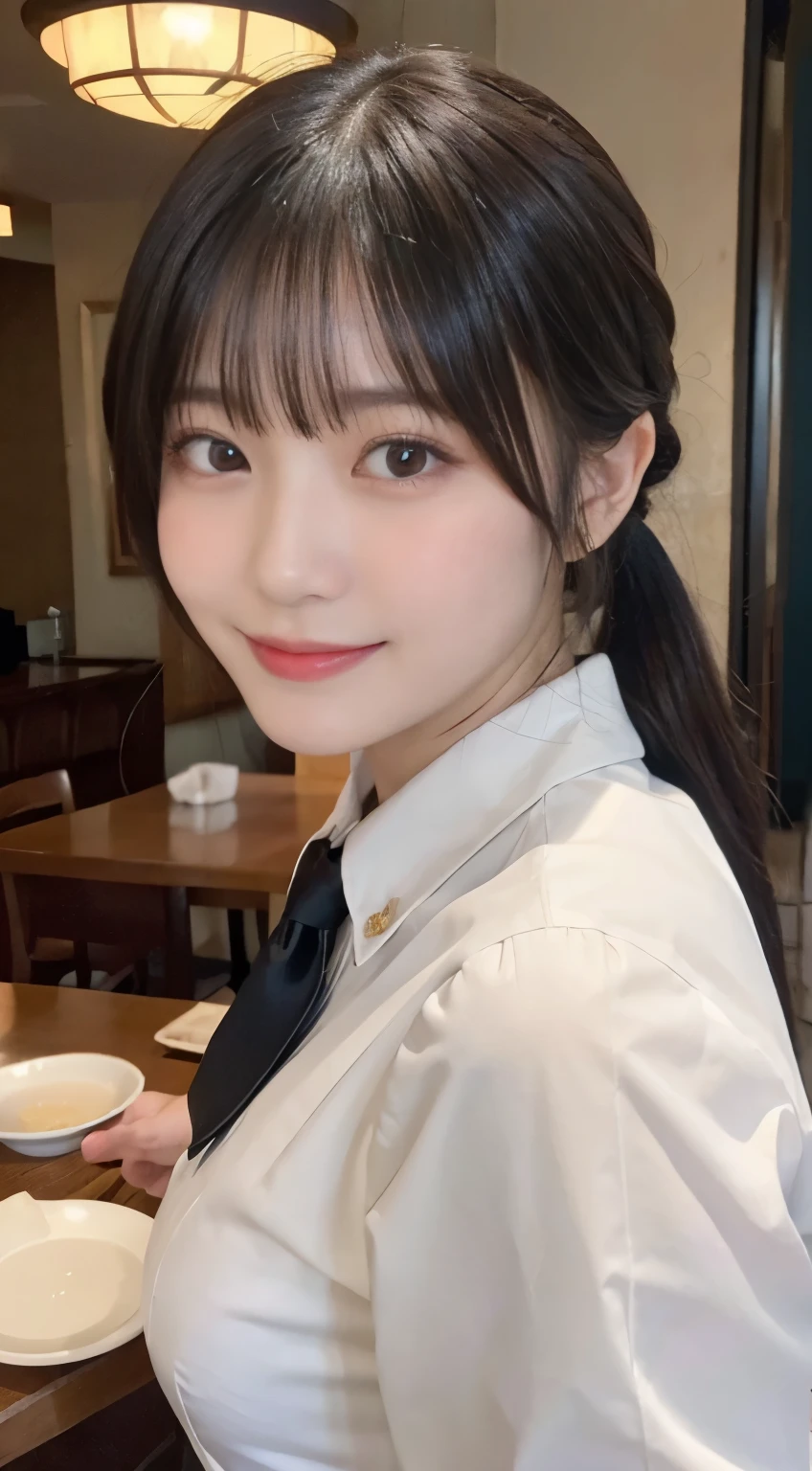 (highest quality,masterpiece:1.3,ultra high resolution,),(Super detailed,caustics),(Photoreal:1.4,RAW shooting,)ultra-realistic capture,very detailed,High resolution 16K human skin close-up。 natural skin texture、,The pores are、、、Must be detailed enough to be easily identified。 Skin should look even-toned and healthy。 Use natural light and color,restaurant,waitress uniform,1 girl,Japanese,18-year-old,cute,black haired,ponytail,big breasts,smile,turn your body forward,(Front view:1.1),look at the camera,cowboy shot,