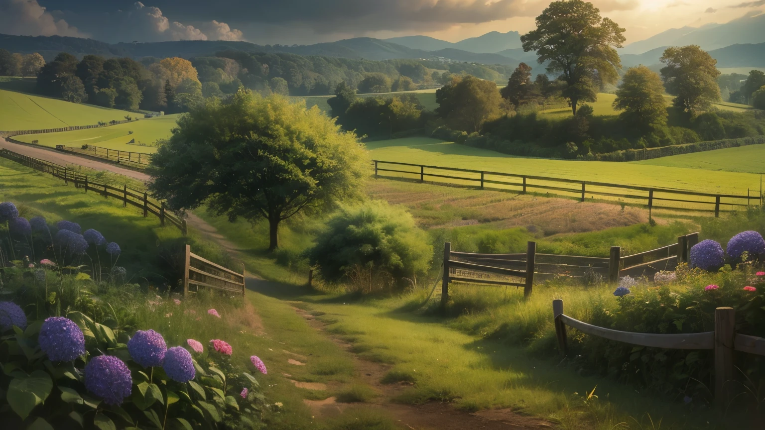 (Realism: 1.3), Excellent, quality, Rembrandt lighting, (masterpiece: 1.2), (Realism: 1.2), (Best quality), (general nature details: 1.3), (complex angle, composition), dramatic, Idyllic, tracing rays, endless field, landscape, landscape. Hydrangeas, field, small hill, wallpaper, realism. High detail (meadow, sun, clouds, fields, Farms, Starlight).