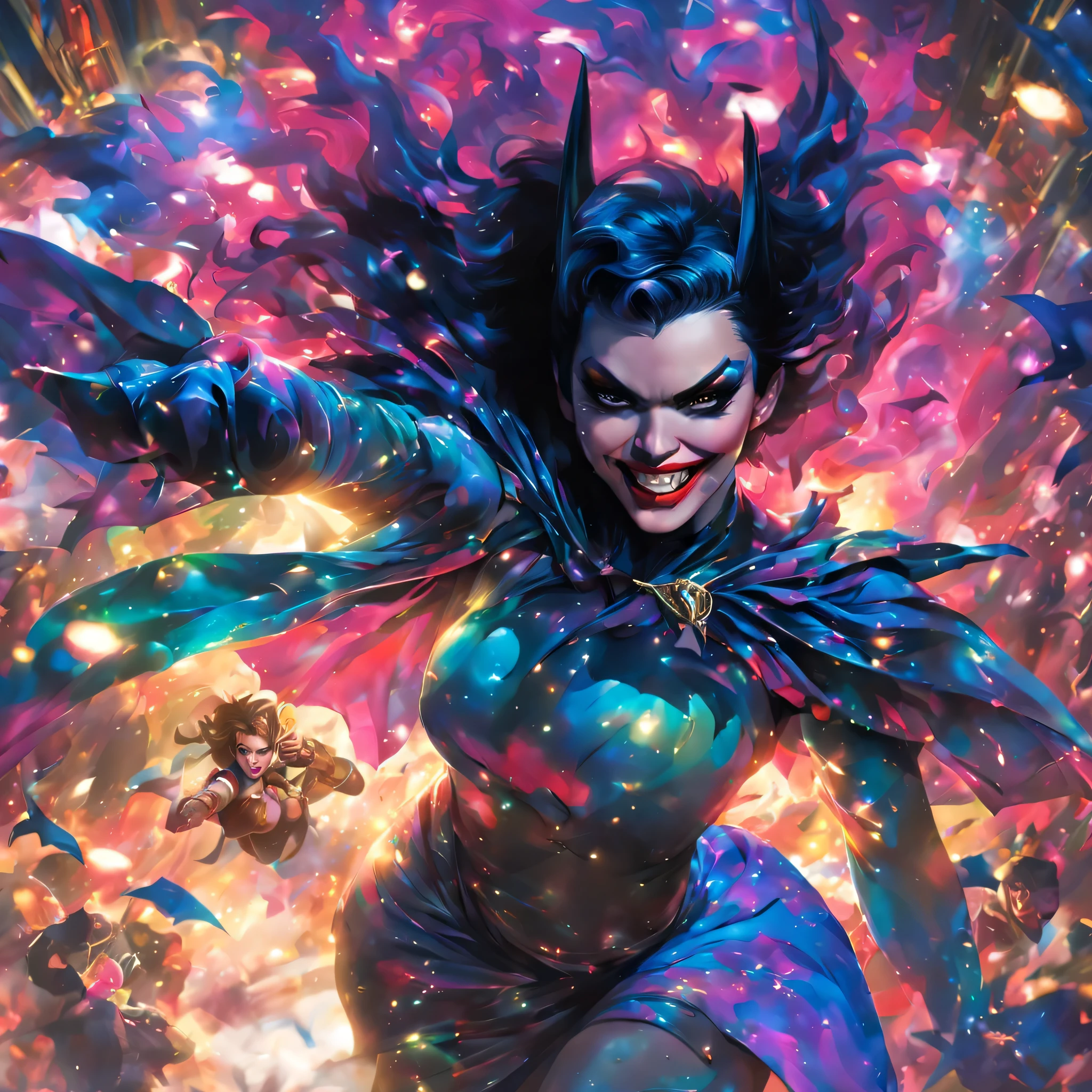(loud, energetic, vibrant) LadyBoy Batman is fiercely (punching:fist fight) LadyBoy Joker in a (glamorous:elegant) LadyBoy strip club in Thailand. Both characters are wearing (extravagant,colorful) costumes that emphasize their (feminine:mysterious) allure. The crowd in the club is (panicked, thrilled) as they watch the epic confrontation unfold.
The (mesmerizing:1.1) club interior is adorned with (glittering:luxurious) lights and (glamorous:elegant) decorations, creating a (sensationally vibrant, electrifying) atmosphere. The stage is illuminated with (dynamic,stunning effects), adding to the palpable tension of the scene.
LadyBoy Batman, with (beautifully detailed eyes, steely gaze), showcases a (toned,fit) body and (strikingly confident) posture. His (flowing cape, bat emblem) catch the (flashing:1.1) lights as he unleashes his powerful punches on LadyBoy Joker.
On the other side, LadyBoy Joker boasts a (mischevious grin, wickedly charming face) and (vibrantly colored hair) that complements hiischievous, cunning) personality. His vibrant outfit, consisting of (colorful patterns, exaggerated features), accentuates his (eccentricity, unpredictability).
In the midst of the chaos, the crowd consists of a diverse mix of (excited, bewildered) club-goers. Some are (dancing, cheering) in their revealing outfits, adding to the raucous atmosphere. Others are (hiding, gasping) in fear, seeking refuge from the intense battle happening before their eyes.
The (best quality, high-res) artwork captures every (minute, intricate) detail of the characters' costumes and expressions. The (ultra-detailed) rendering ensures that even the smallest aspects of their appearance are faithfully represented. The portrayal is (photorealistic, realistic:1.37), enabling viewers to immerse themselves fully in the spectacle.
With its (dynamic composition, vibrant color palette), the artwork encapsulates the (excitement, energy) of the scene. The interplay of (dramatic lighting, colorful lighting) casts dramatic shadows, enhancing the intensity of the moment.
Overall, this prompt captures the intense (superheroic, theatrical) showdown between LadyBoy Batman and LadyBoy Joker in a lively strip club setting. The attention to detail and high-quality rendering elevate the artwork to a masterpiece worthy of admiration.