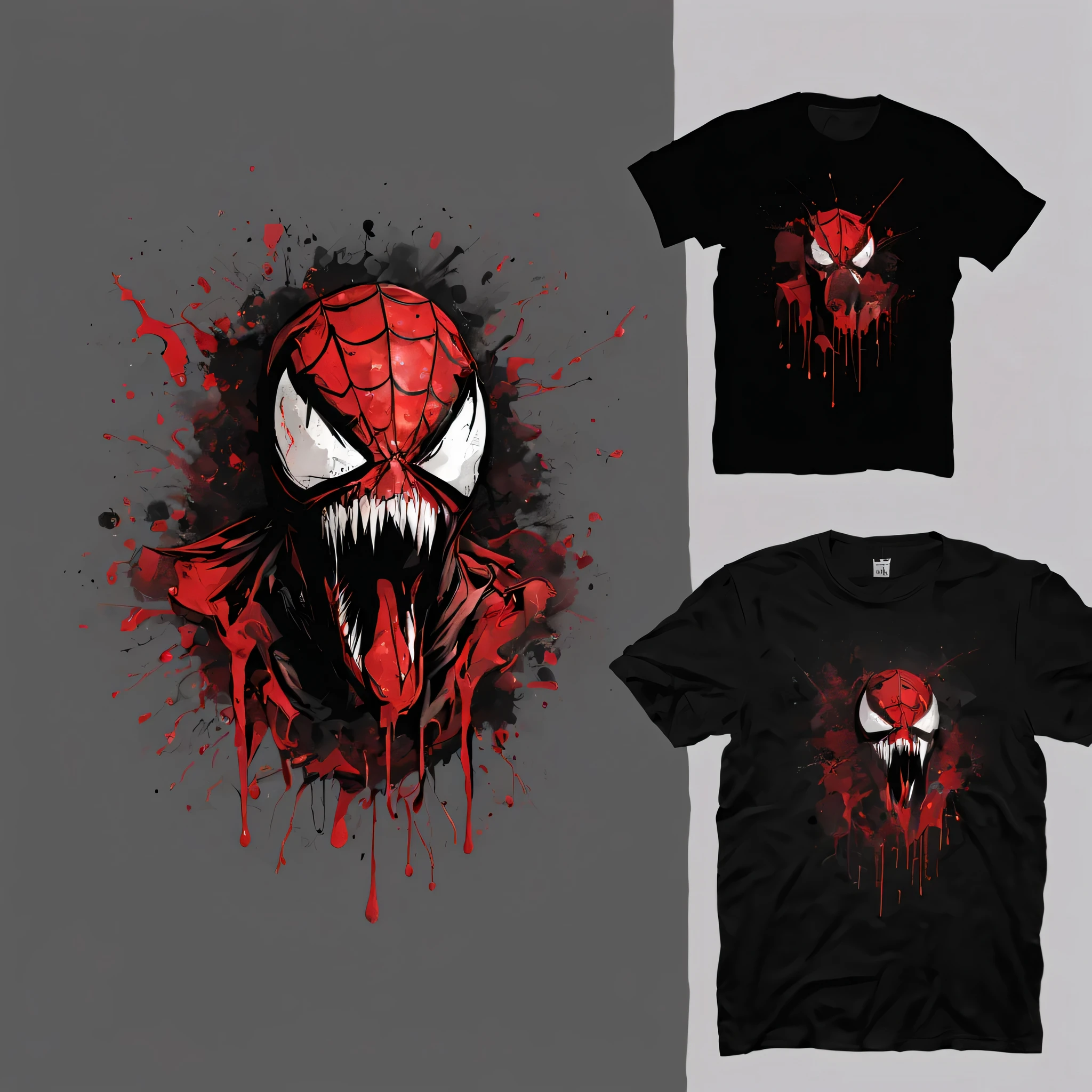 T-shirt design, headshot of a superhero venom spiderman grunge bleeding, visually striking, centric artwork, infused with solarpunk aesthetics, displayed against a black background, 