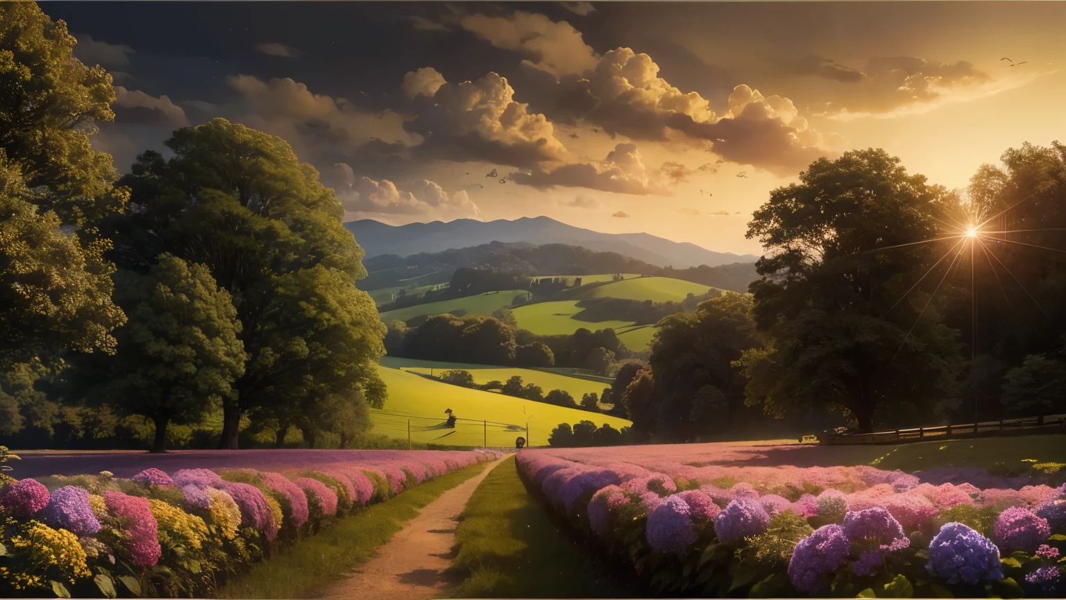 (Realism: 1.3), Excellent, quality, Rembrandt lighting, (masterpiece: 1.2), (Realism: 1.2), (Best quality), (general nature details: 1.3), (complex angle, composition), dramatic, Idyllic, tracing rays, endless field, landscape, landscape. Hydrangeas, field, small hill, wallpaper, realism. High detail (meadow, sun, clouds, fields, Farms, Starlight).