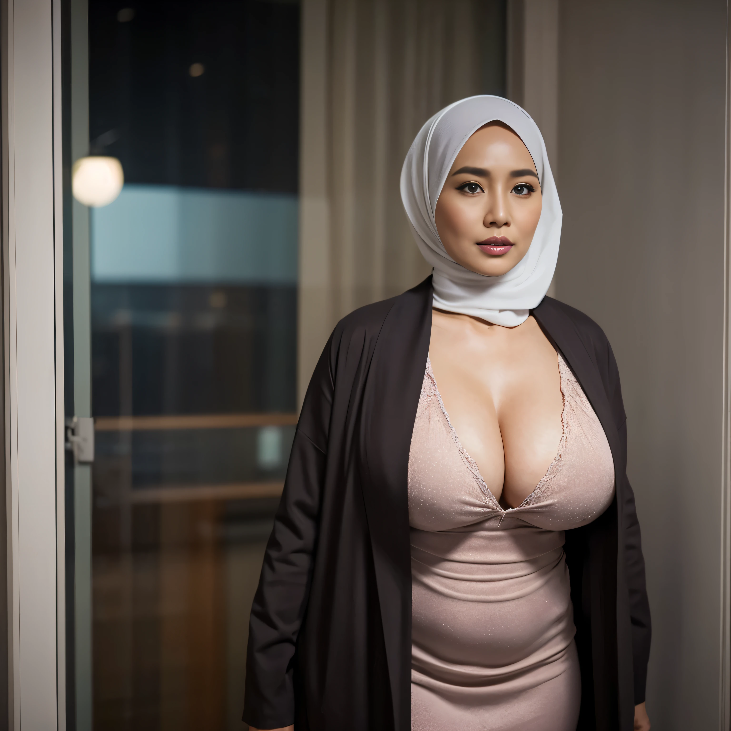 47 years Old, Hijab Indonesian mature woman, Huge Tits : 32.9, doctor Coat,curvy body, Breast about To burst out from her clothes, at doctor office, Dark light, at Nighttime.