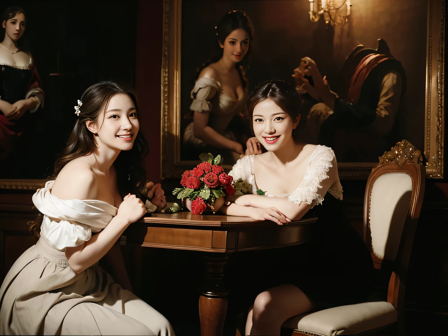 full body portrait ,fruits,Rose ,flower,Rosa,antique,A smile,,Sweet and seductive appearance.、Rubens paintings、Chiaroscuro of Caravaggio,Two women frolicking,Cute smile, Expression of ecstasy,sexy
