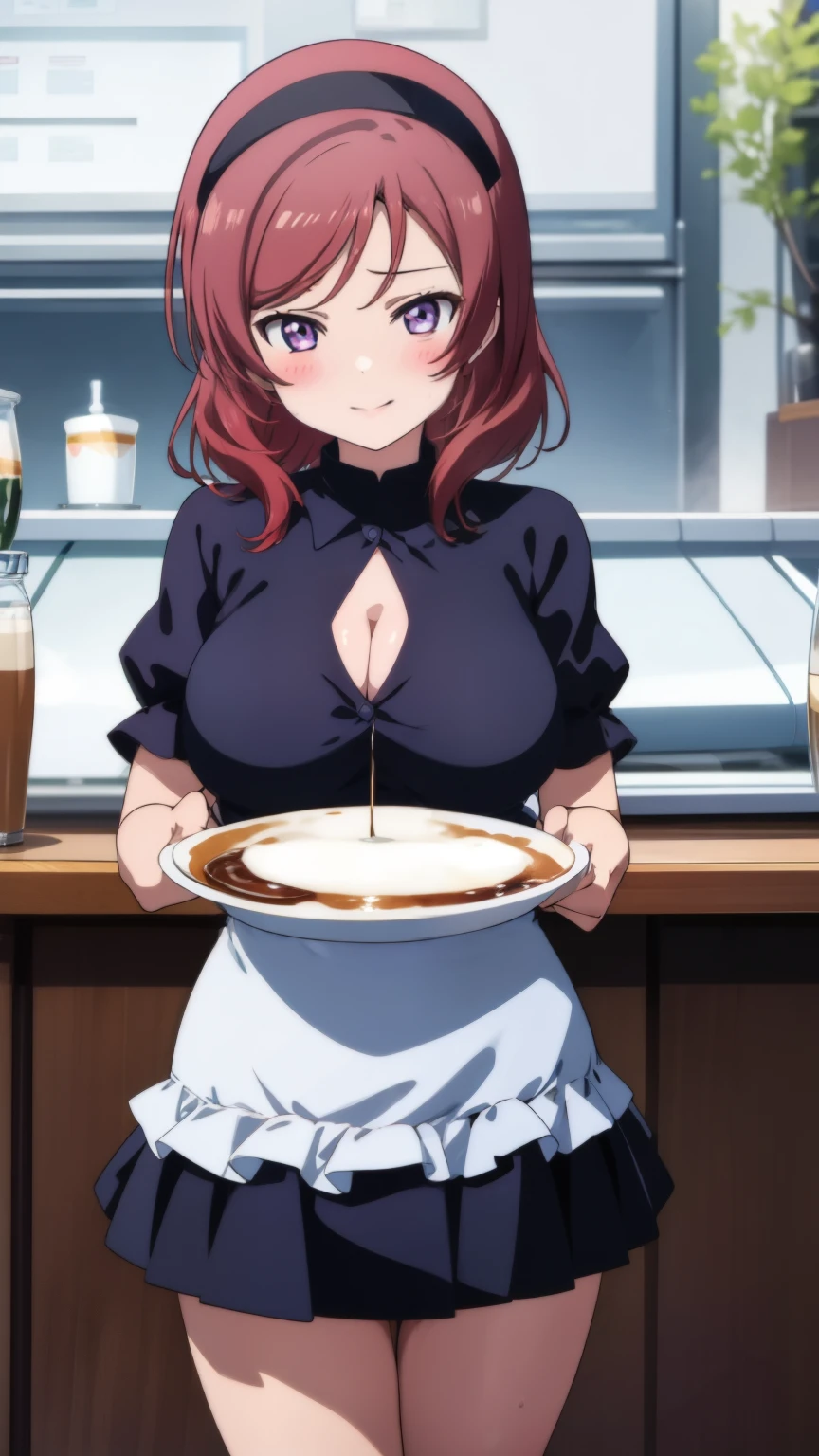 (masterpiece)1 girl, Maki Nishikino、Maid clothes、waitress uniform、highest quality, expressive eyes, perfect face, upper big body, smile, blush, indoor,coffee shop、a lot of people、Day, simple background, lie down, looking for , bright sky, looking for at viewer, stage, moody lighting、very big breasts、cleavage、nipples are transparent、A lot of milk comes out from the nipples、Breast milk squirts out of the nipples、put the chest on the tray、standing position、whole body、mini skirt、Detailed female genital shape clearly visible