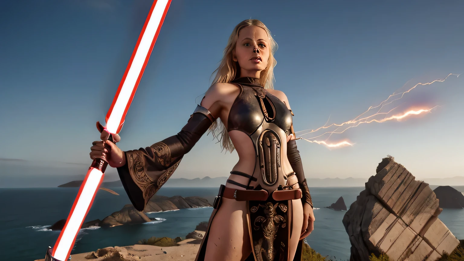 A beautiful blond (woman with hourglass figure:1.3) and long hair, subtly sculpted by the wind, stands on the edge of a cliff. She possesses a determined expression and wears a flowing Mayan dress while wielding a classic Star Wars lightsaber with a radiant white blade emitting faint sparks. The setting is a weathered ritual circle of ancient, jagged black rocks. Emphasize the image's powerful, ancient, and cinematic atmosphere.