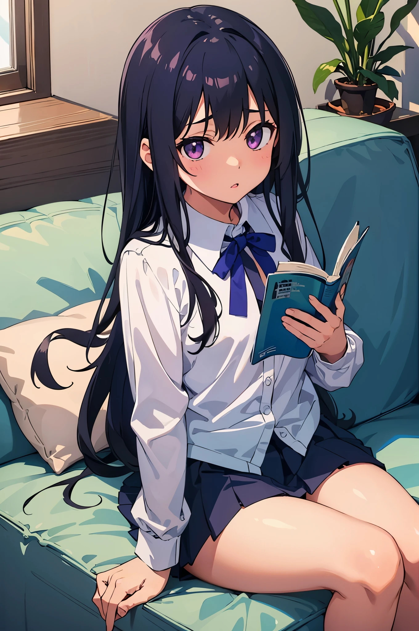 elementary school girl 8-year-old flat chest black hair long hair eyes are purple ((1 person)) White upper body blouse Lower body navy blue miniskirt white panties girl's room sitting on the sofa opening and reading a magazine((足が開いてwhite pantiesが見える)) from the front Lower body center angle