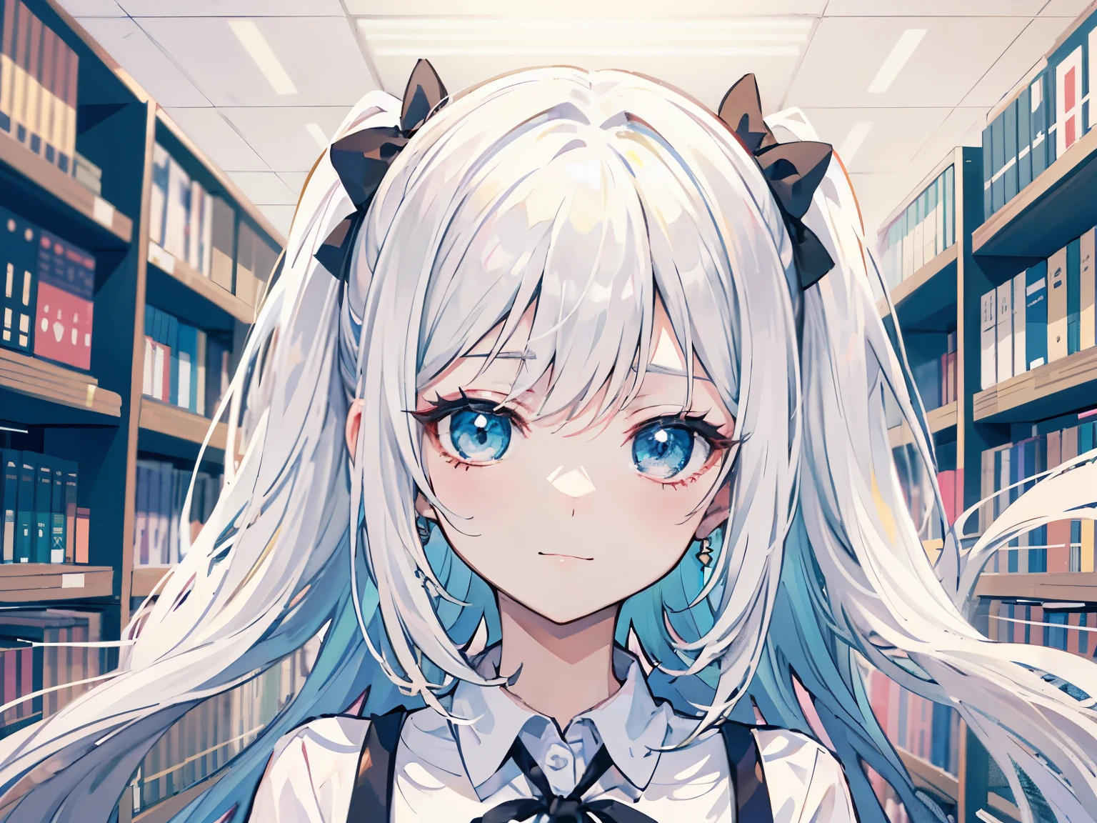 anime girl with long white hair and black bow tie in library, an anime drawing inspired by Puru, trending on pixiv, auto-destructive art, anime visual of a cute girl, she has a cute expressive face, anime best girl, today's featured anime still, nyaruko-san, white haired deity, in an anime, slightly happy facial expression