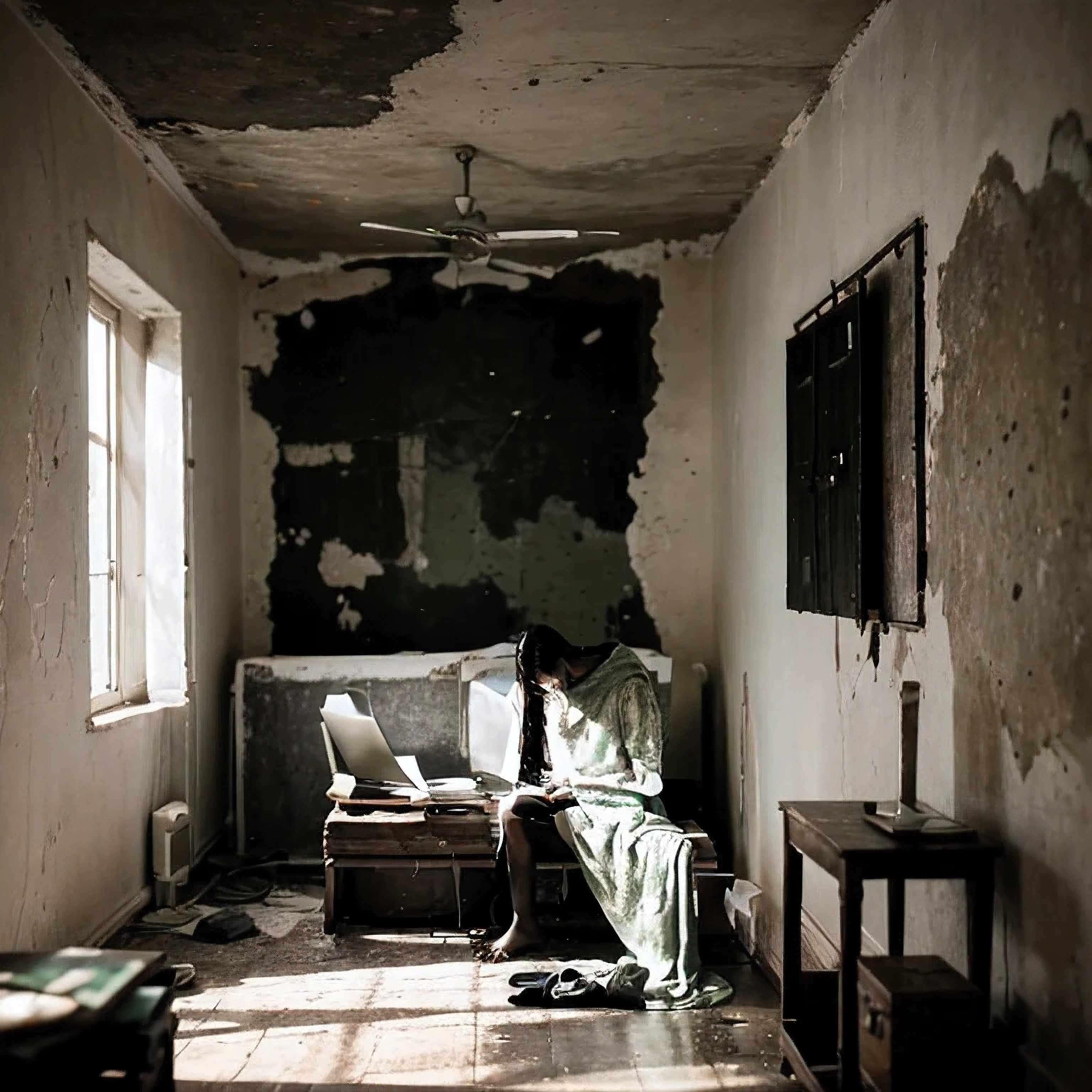 A solitary figure joining with their laptop in the foreground, room with moss and decaying plaster on the walls behind them, only light is from the laptop screen, rendered in a contemplative dream-like style. highly detailed, 8k