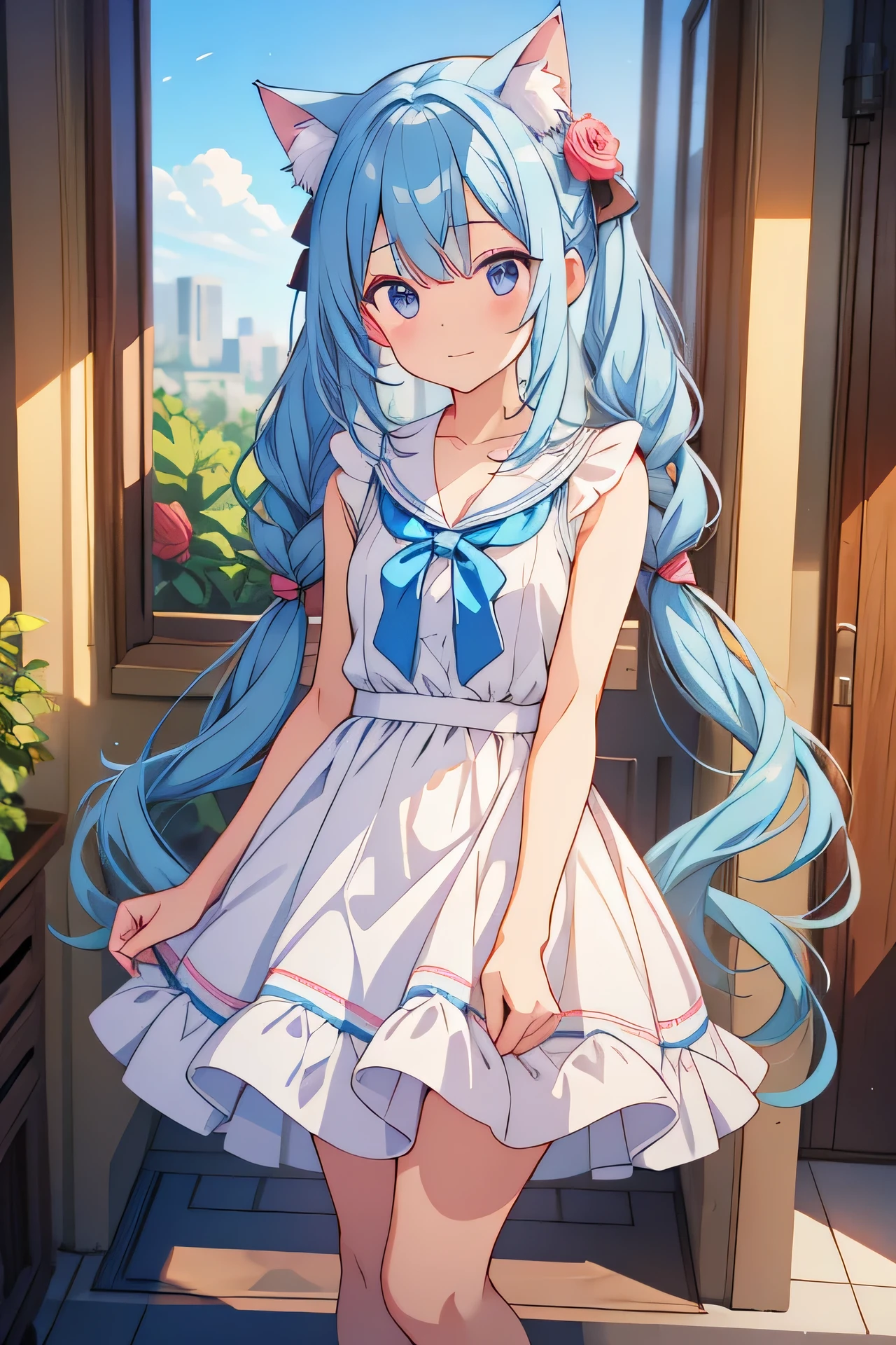 Cat ear blue hair twin tails white dress Are standing horizontal posture rose field