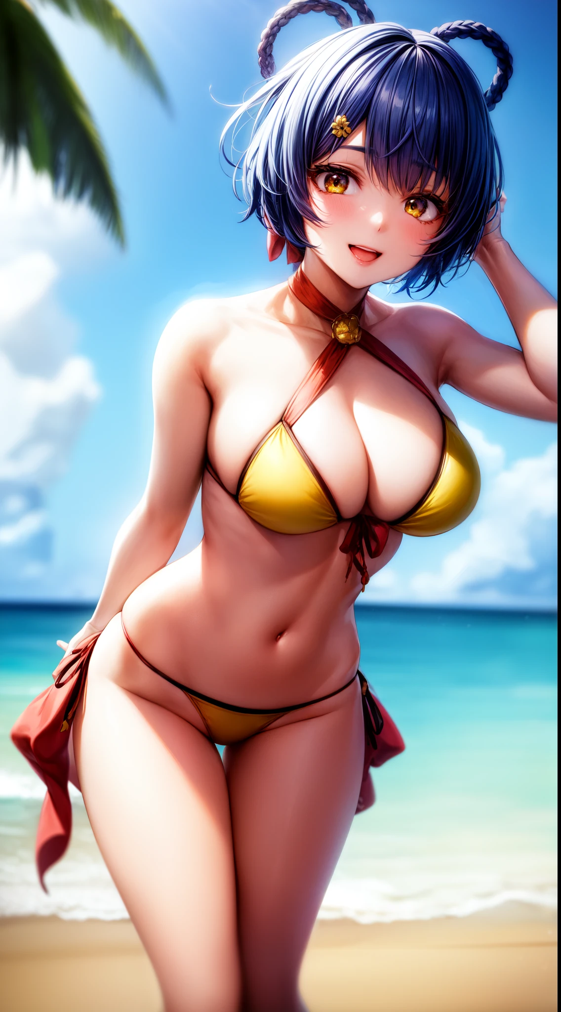 anime, beautiful face, highly detailed face, (2 accurate legs:1), yellow detailed eye, highly detailed beach background, perfect lighting, (perfect hands:1.2), best lighting, (perfect body lighting:1.3), 1girl, solo, outdoors, genshin impact, xiangling, (beautiful blue hair:1.2), hair ornament, absurdres, high res, ultrasharp, 8K, masterpiece, (looking at viewer:1.2), excited smile, facial expressions full of love, BREAK (detailed sexy beach bikini:1.3), (sexy pose:1.3), standing up, (hands behind head:1.2), (leaning forward:1.2),