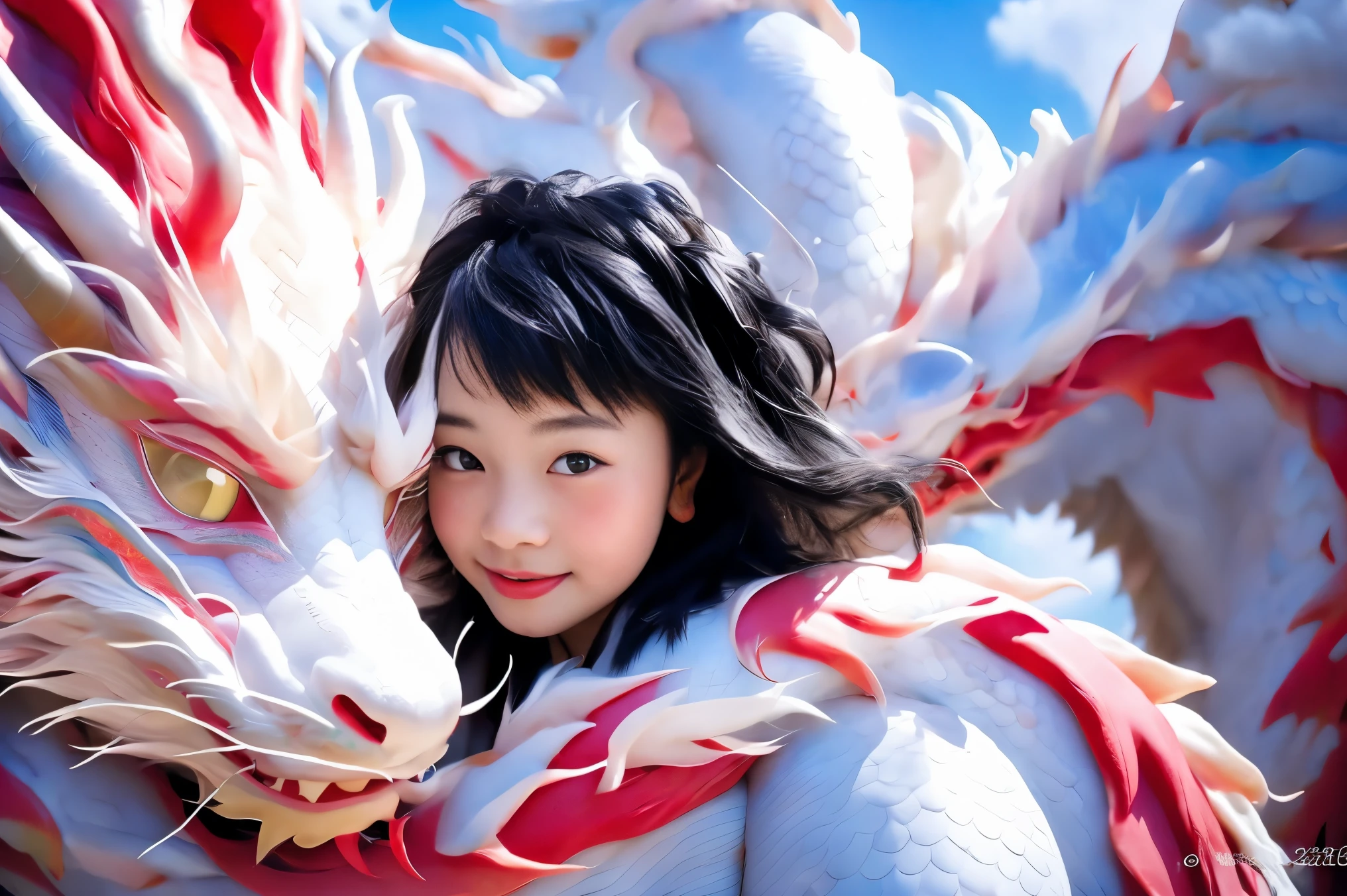 Dragon Cute, 1 girl, blush, 前hair, black_hair, null, cloud, Dragon Hug, Chinese_dragon super realistic,32K,RAW photo,(high definition skin:1.2), 8k UHD, Digital single-lens reflex camera, soft lighting, high quality, film grain