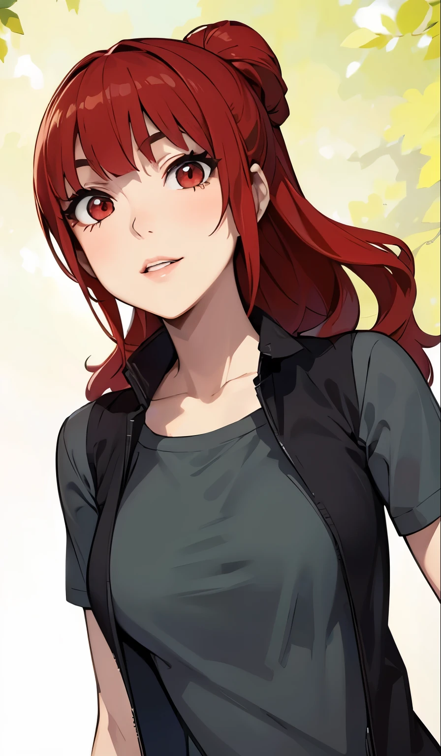 (masterpiece, best quality:1.4), (extremely detailed, 8k, uhd), cinematic shot, natural lighting, ultra highres, vibrant rich colors, (beautiful, aesthetic, perfect, delicate, intricate:1.2), (sharp focus, from front:1.3), eye level shot, 1girl, portrait of a anime girl, young, red hair, (extremely hot, attractive, beautiful, sexy, feminine:1.2) happy expression, smile, happy eyes, expressive brown eyes, long eyelashes, relaxed,(beautiful detailed face, highly detailed skin, red eyes), gorgeous, breathtaking beauty, seductive, captivating, pale skin, perfect female figure, (slim:0.5), (wearing a dark t-shirt :1.2), (highly saturated lipstick, luscious thick lips), intricate details, daytime, award winning photography, detailed background, volumetric fx, anime, hyper-detailed