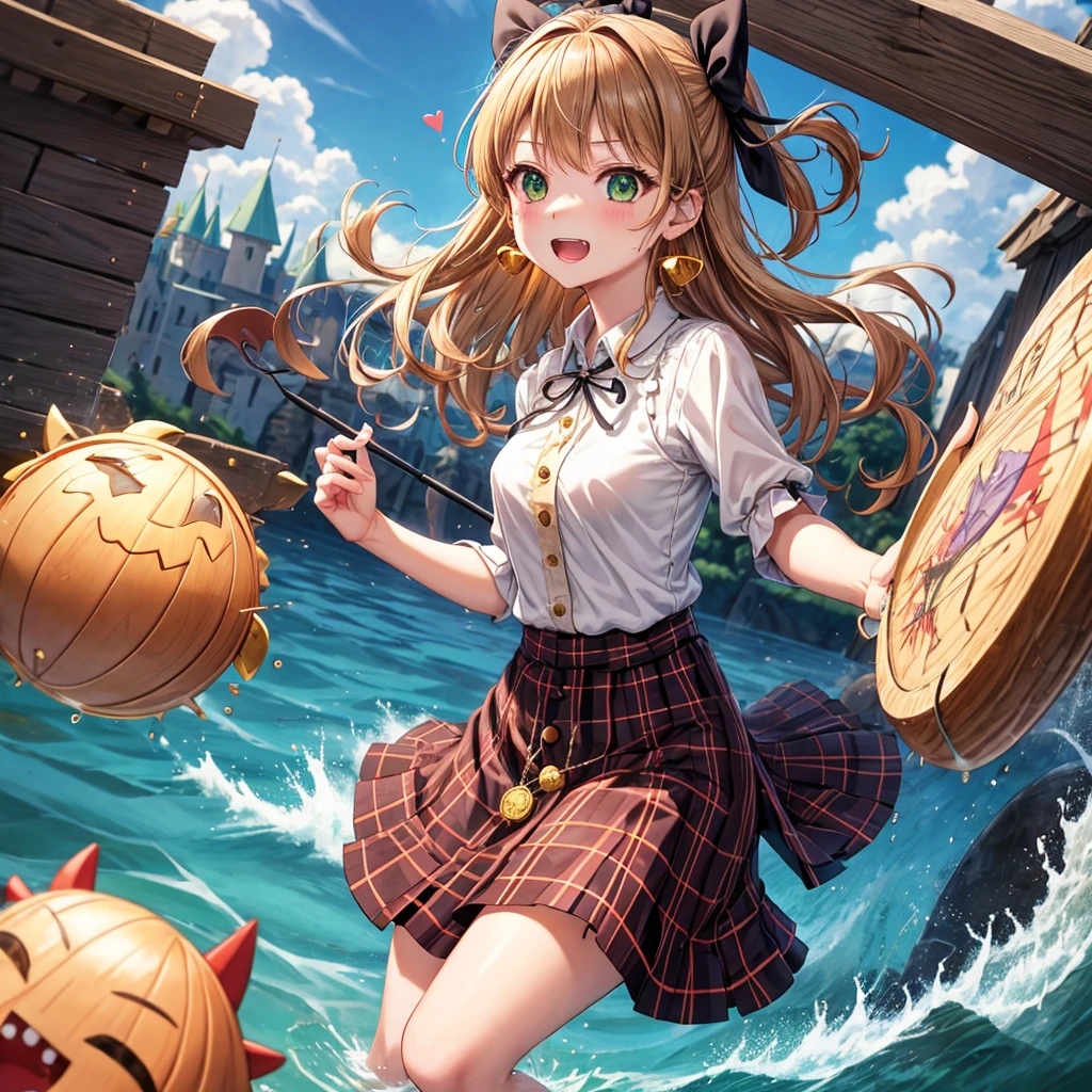 reddish-brown blonde、green eyes、one good looking girl、solo、anime、plaid mini skirt、the skirt has buttons、camisole、black t-shirt、dress、wearing a ribbon、ribbon at waist、cloak、hood、clouds are swirling、stone slabs are piled up、one hand raised、crystal earrings、sun、gold coins are falling、teeth are visible、splash of water、monster castle、have a world map、bow、Swing、ceiling、frying pan、graffiti、scarecrow、heart