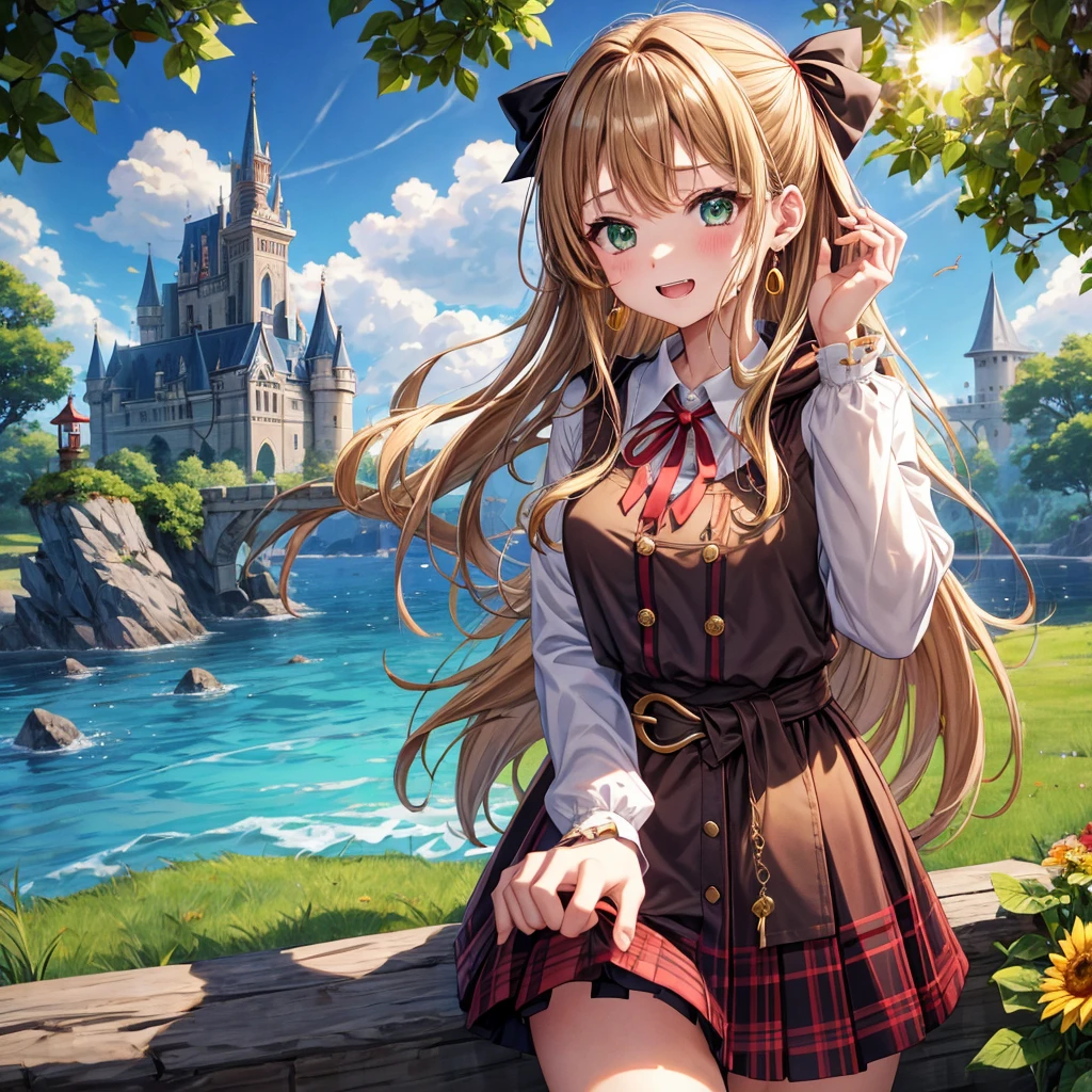 reddish-brown blonde、green eyes、one good looking girl、solo、anime、plaid mini skirt、the skirt has buttons、camisole、black t-shirt、dress、wearing a ribbon、ribbon at waist、cloak、hood、clouds are swirling、stone slabs are piled up、one hand raised、crystal earrings、sun、gold coins are falling、teeth are visible、splash of water、monster castle、have a world map、bow、Swing、ceiling、frying pan、graffiti、scarecrow、heart