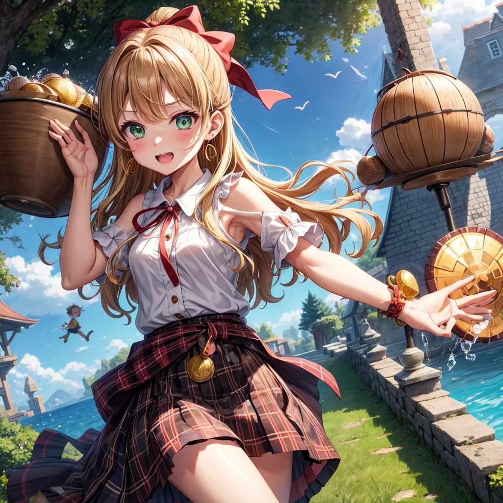 reddish-brown blonde、green eyes、one good looking girl、solo、anime、plaid mini skirt、the skirt has buttons、camisole、black t-shirt、dress、wearing a ribbon、ribbon at waist、cloak、hood、clouds are swirling、stone slabs are piled up、one hand raised、crystal earrings、sun、gold coins are falling、teeth are visible、splash of water、monster castle、have a world map、bow、Swing、ceiling、frying pan、graffiti、scarecrow、heart