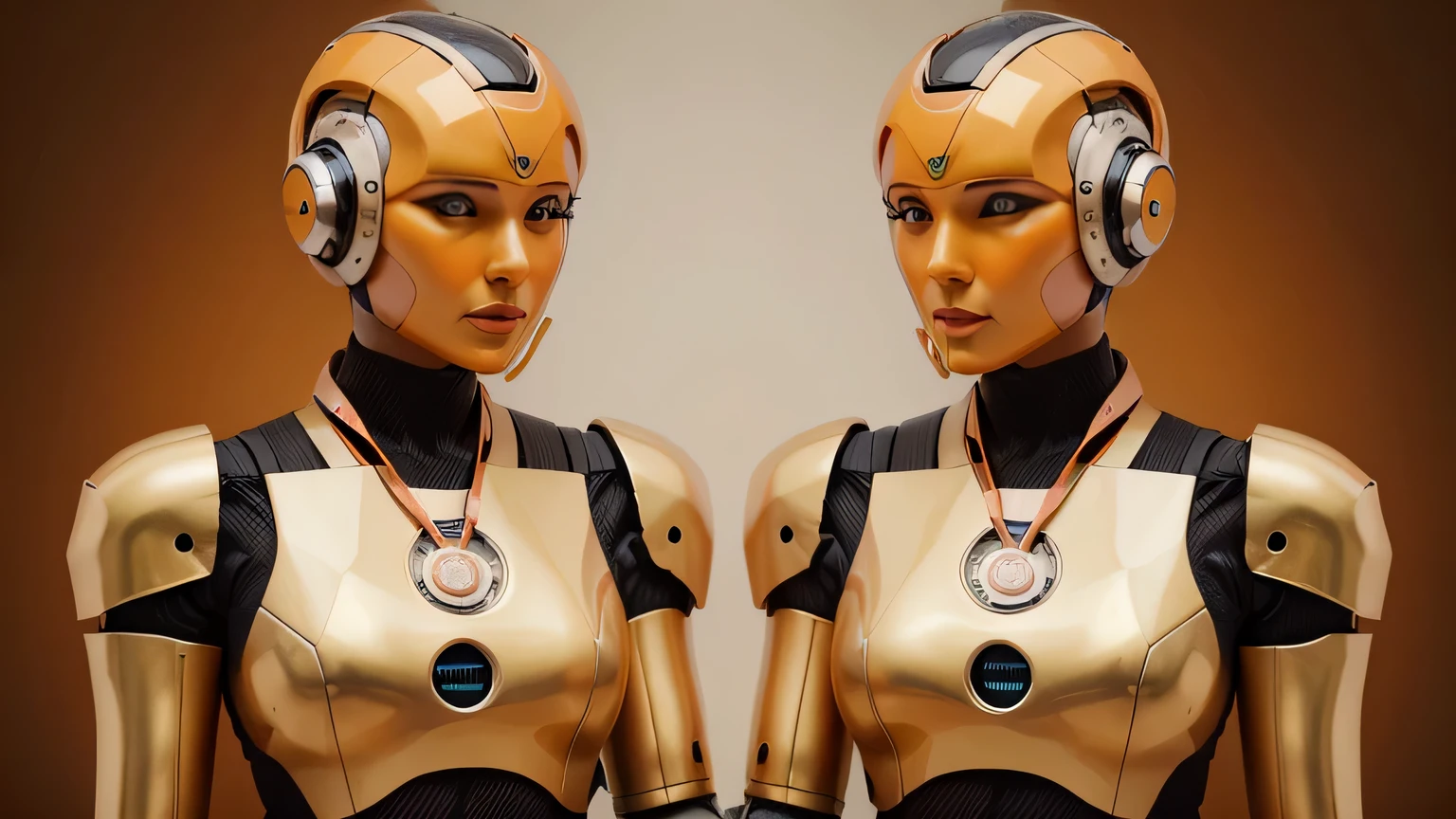 Make a photo of two futuristic robots, holding hands. fundo de imagem laranja, color of robots, medalha com ouro