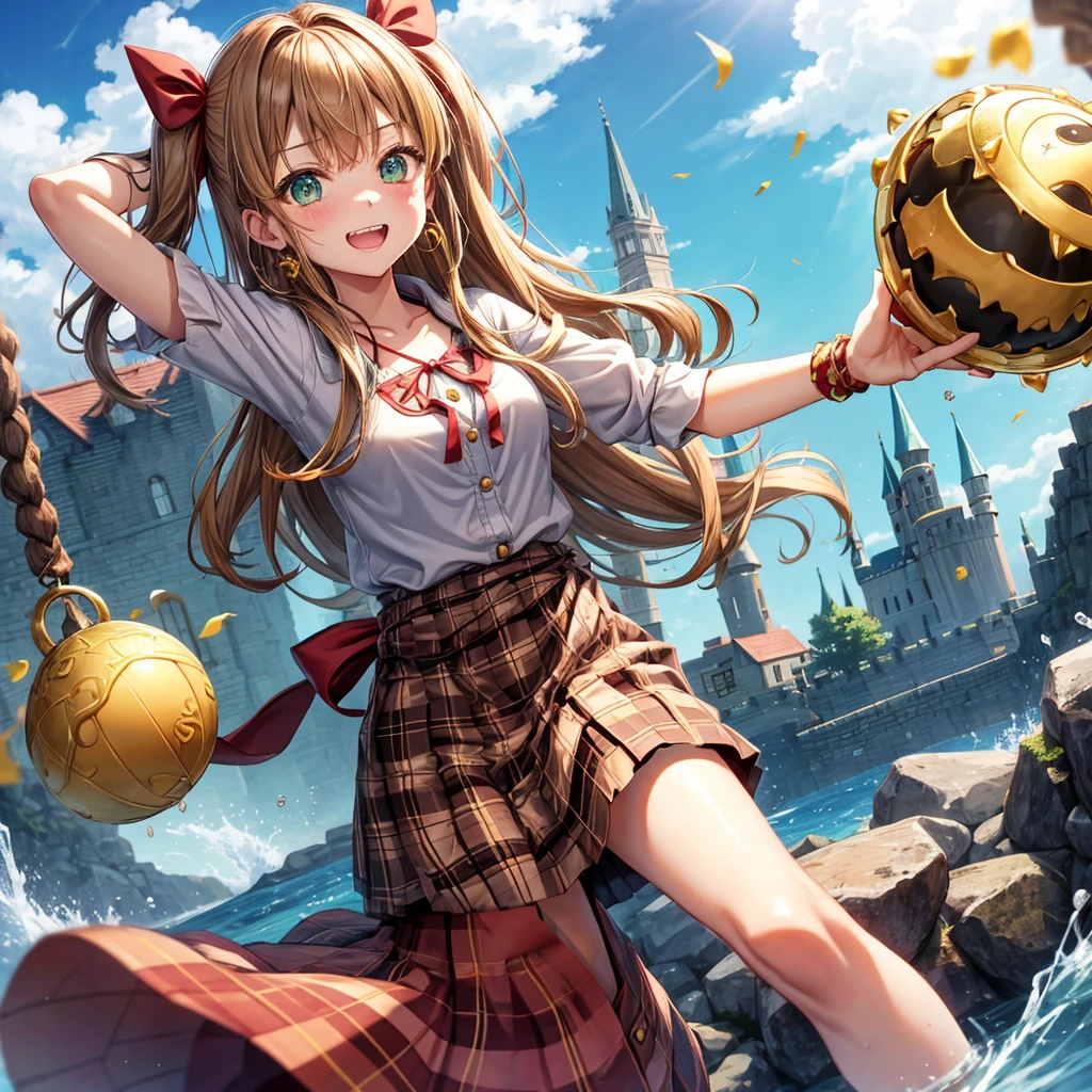 reddish-brown blonde、green eyes、one good looking girl、solo、anime、plaid mini skirt、the skirt has buttons、camisole、black t-shirt、dress、wearing a ribbon、ribbon at waist、cloak、hood、clouds are swirling、stone slabs are piled up、one hand raised、crystal earrings、sun、gold coins are falling、teeth are visible、splash of water、monster castle、have a world map、bow、Swing、ceiling、frying pan、graffiti、scarecrow、heart