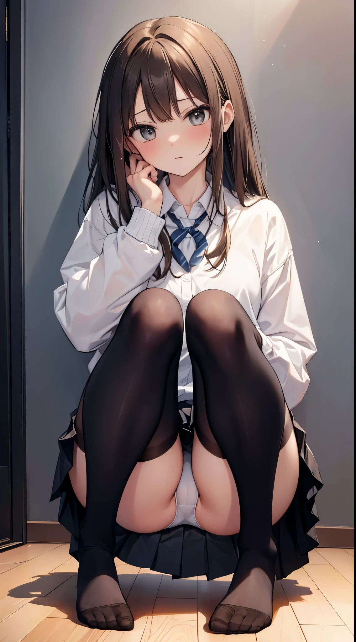 finest, masterpiece, High resolution, (Full body view from head to toe), front, frontやや下からの構図, symmetry, 18 year old tall girl, alone, (whole body from head to toe), (small breasts), Unkempt brown hair, bangs, (black tights), (black pantyhose), (sit with legs spread), (squatting pose), (Composition showing white panties), (her legs spread、I can see white panties.), (I was made to sit on the floor with my legs spread apart.), (M-shaped spread legs), thin legs, A very beautiful and tall 18 year old girl, (not wearing shoes), blush, shy big eyes, looking at camera, blazer uniform, plaid pleated skirt