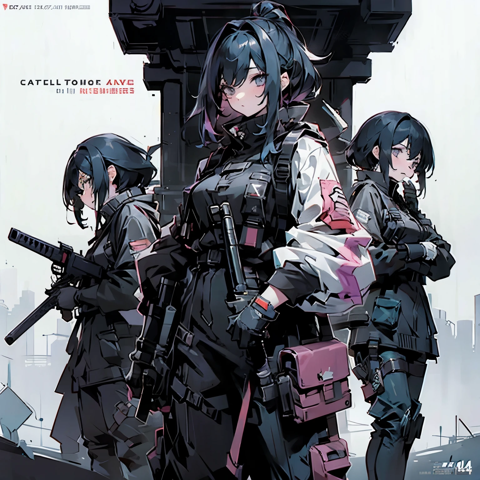 (Cover image for book) a Group of three girls with vivid hair colours are holding cyberpunk assault rifles near a military humvee in the wasteland 