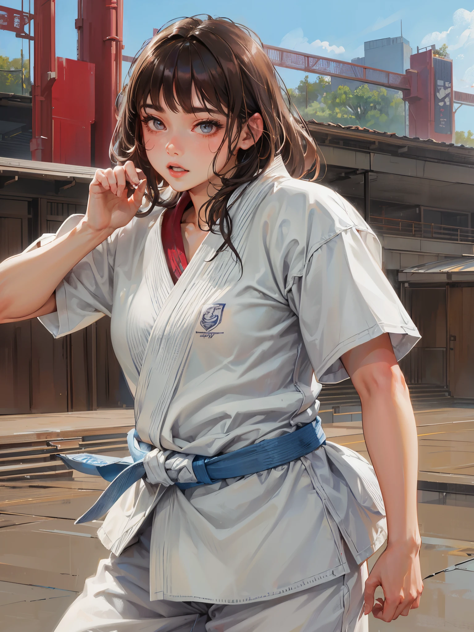 (Best Quality,8K,hight resolution,masuter piece:1.2),Ultra-detailed,Realistic:1.37,Portrait,Female karate athletes,White kimono,Teenage girl,small head,Cute,Sporty,Charming face,Detailed beauty face,Very realistic skin,Wet skin,Sweat,Large breasts,Narrow waist,nice legs ,Sporty,Karate Arena,Cinematic lighting,