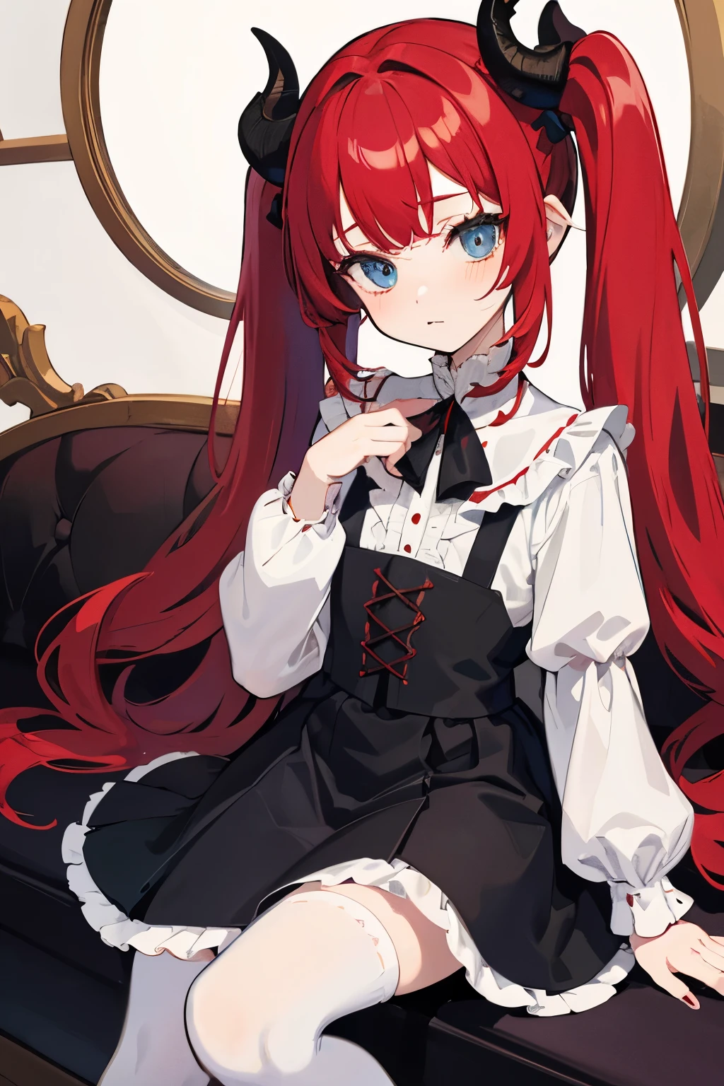 red hair,blue eyes,twintails, long hair, long sleeves, gothic, solo, loli,Short skirt, white stockings,{{best quality}}, {{masterpiece}}, {{ultra-detailed}}, {illustration}, {detailed light}, {an extremely delicate and beautiful},little girl,cute,dragon horns