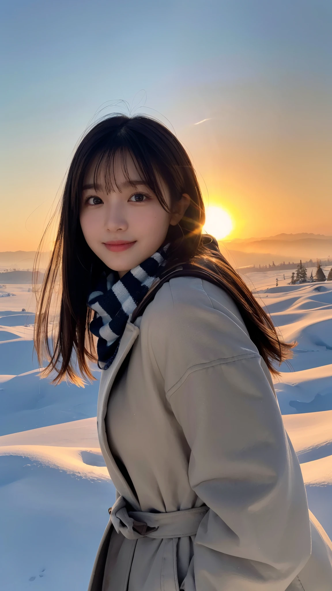 (highest quality,masterpiece:1.3,ultra high resolution),(Super detailed,caustics,8k),(photorealistic:1.4,RAW shooting),(sunset),(Backlight),(sunset sky),dusk,(snowfield),18-year-old,cute,Japanese,Black Hair Middle Hair,(look up a little),(open your mouth a little:1.1),smile,Scarf,down coat,side shot,Close-up shot from the waist up,low position,Low - Angle,Natural light