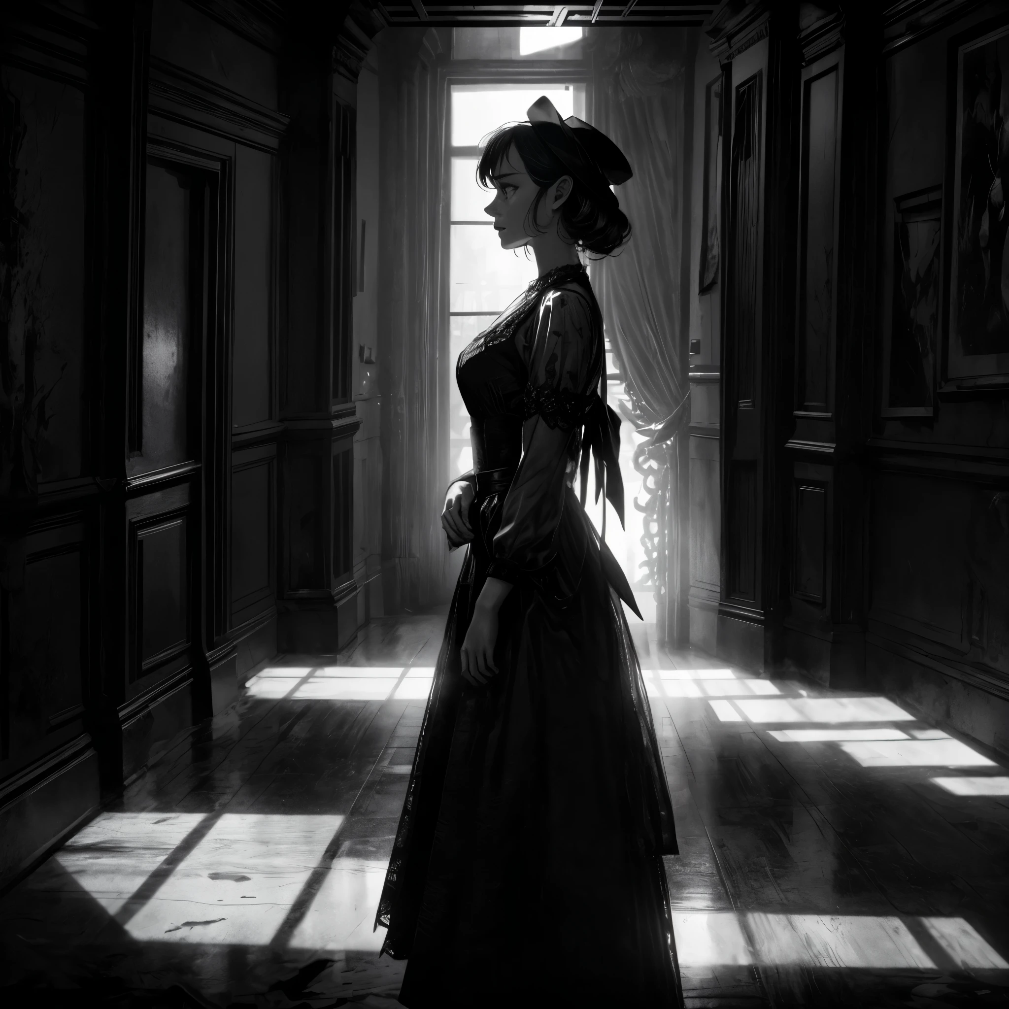 a girl in a ((film noir)) setting, dramatic lighting and shadows,film grain and vintage aesthetics,dramatic close-up shot,black and white,contrast and depth in the frame,classic Hollywood style,genuine emotions and expressions,gritty and mysterious atmosphere,deep focus and sharp details,iconic fashion and elegance,captivating storytelling,powerful and dynamic composition,old-fashioned cinema vibe,suspense and tension,polished and cinematic visuals,creative camera angles and framing,movie star charisma and allure,classical music score,memorable characters and performances,captivating dialogue and narrative twists,timeless and iconic scenes,artistic cinematography,visually striking frames,emotional intensity and dramatic moments,immersive and atmospheric experience,beautifully crafted set design and costumes,expertly directed and edited,powerful storytelling and character arcs,glamorous and stylish production design.