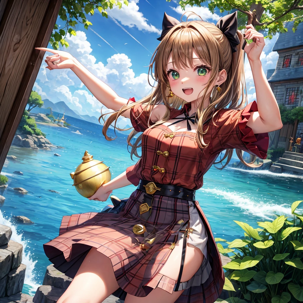 reddish-brown blonde、green eyes、one good looking girl、solo、anime、plaid mini skirt、the skirt has buttons、camisole、black t-shirt、dress、wearing a ribbon、ribbon at waist、cloak、hood、clouds are swirling、stone slabs are piled up、one hand raised、crystal earrings、sun、gold coins are falling、teeth are visible、splash of water、monster castle、have a world map、bow、Swing、ceiling、frying pan、graffiti、scarecrow、heart