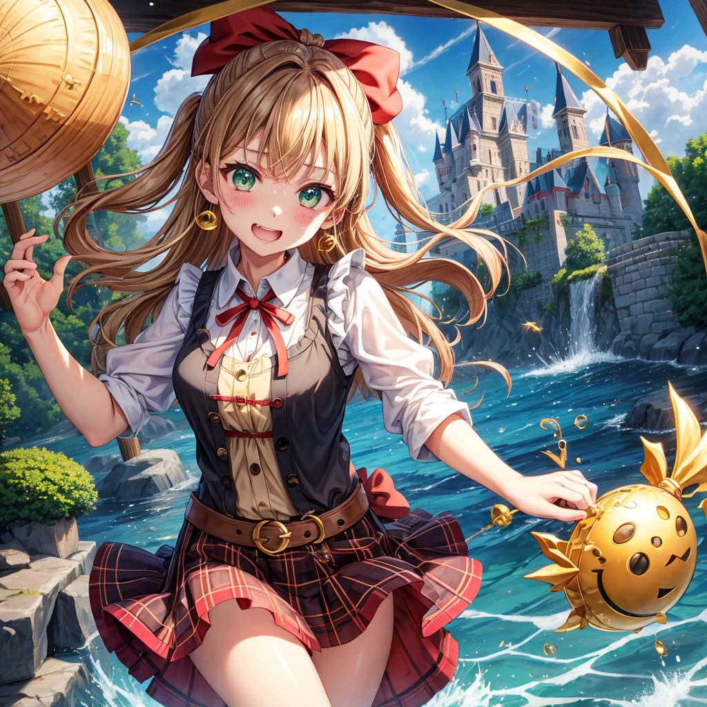 reddish-brown blonde、green eyes、one good looking girl、solo、anime、plaid mini skirt、the skirt has buttons、camisole、black t-shirt、dress、wearing a ribbon、ribbon at waist、cloak、hood、clouds are swirling、stone slabs are piled up、one hand raised、crystal earrings、sun、gold coins are falling、teeth are visible、splash of water、monster castle、have a world map、bow、Swing、ceiling、frying pan、graffiti、scarecrow、heart