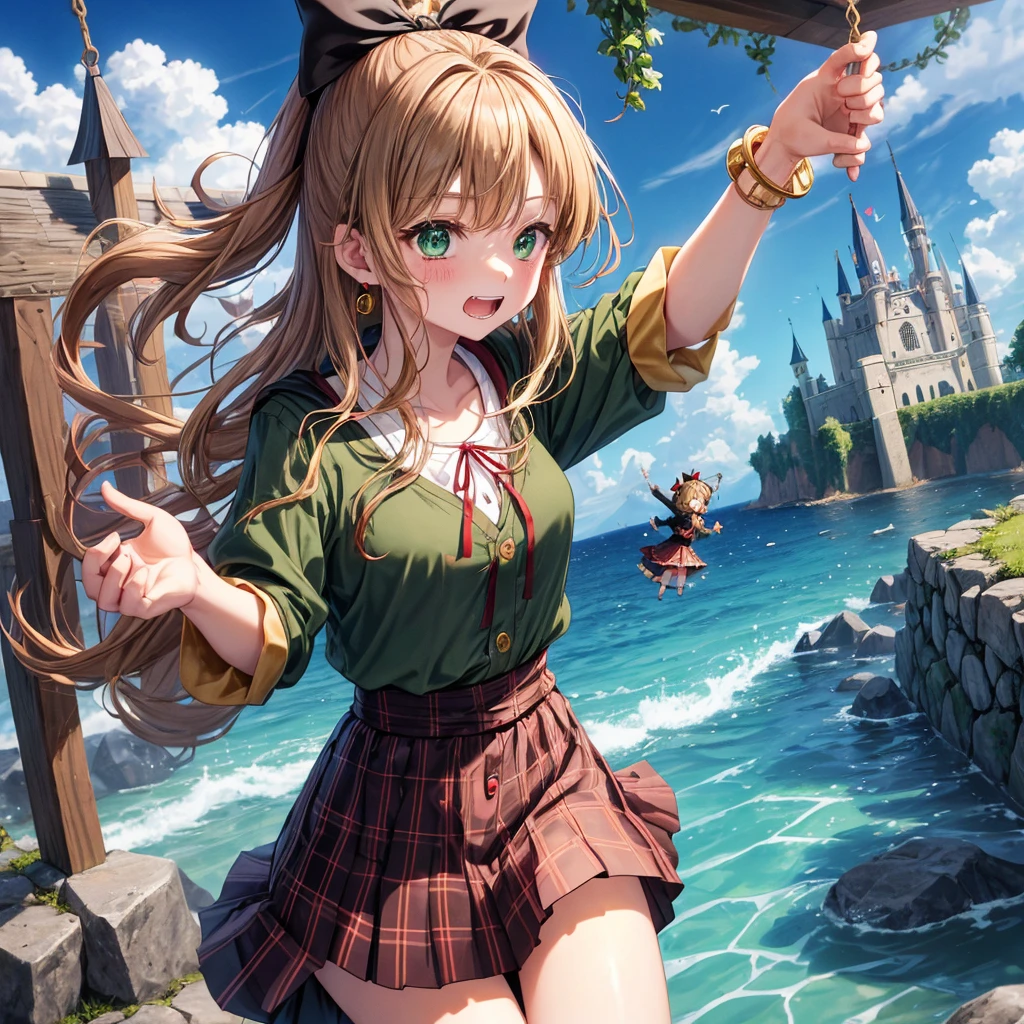 reddish-brown blonde、green eyes、one good looking girl、solo、anime、plaid mini skirt、the skirt has buttons、camisole、black t-shirt、dress、wearing a ribbon、ribbon at waist、cloak、hood、clouds are swirling、stone slabs are piled up、one hand raised、crystal earrings、sun、gold coins are falling、teeth are visible、splash of water、monster castle、have a world map、bow、Swing、ceiling、frying pan、graffiti、scarecrow、heart
