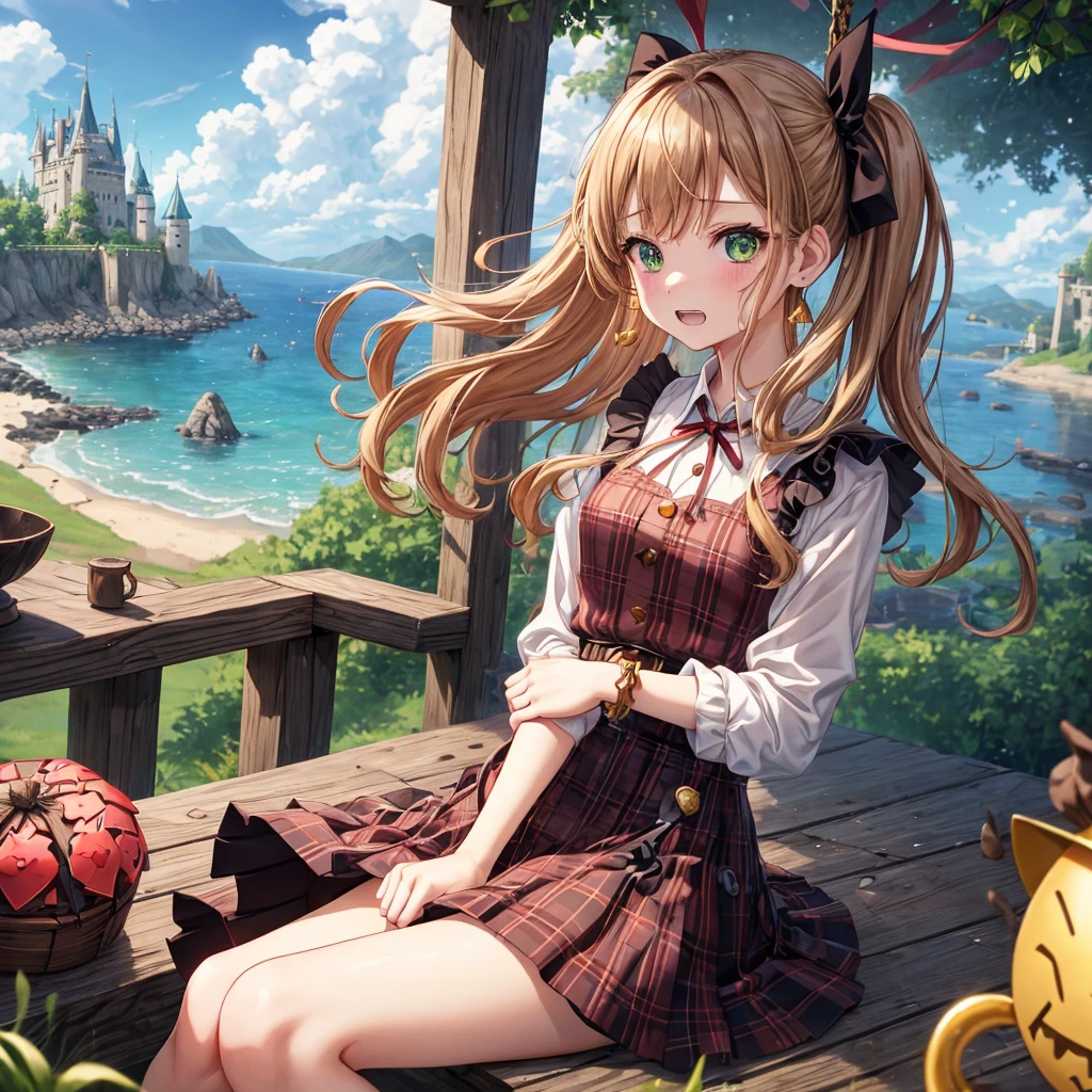 reddish-brown blonde、green eyes、one good looking girl、solo、anime、plaid mini skirt、the skirt has buttons、camisole、black t-shirt、dress、wearing a ribbon、ribbon at waist、cloak、hood、clouds are swirling、stone slabs are piled up、one hand raised、crystal earrings、sun、gold coins are falling、teeth are visible、splash of water、monster castle、have a world map、bow、Swing、ceiling、frying pan、graffiti、scarecrow、heart