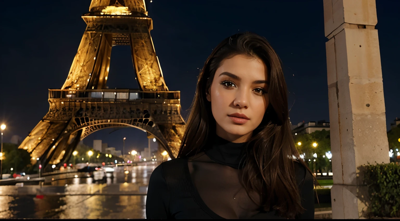 A glamorous outdoor photoshoot with the Eiffel Tower in the background, featuring a brunette model with a medium-sized bust. The model is wearing an elegant black velvet evening gown with a high slit and a plunging neckline, highlighting her refined silhouette. She stands confidently on a picturesque bridge or a stylish square near the Eiffel Tower, which rises majestically in the background. The twilight provides a soft, golden light, illuminating the scene and creating a romantic contrast between the dusky sky and the sparkling lights of the Eiffel Tower. The model’s hair is styled in a sophisticated updo, and her makeup is bold with smoky eyes and deep red lips. She strikes graceful and confident poses, capturing the essence of Parisian glamour in an ambiance of luxury and sophistication