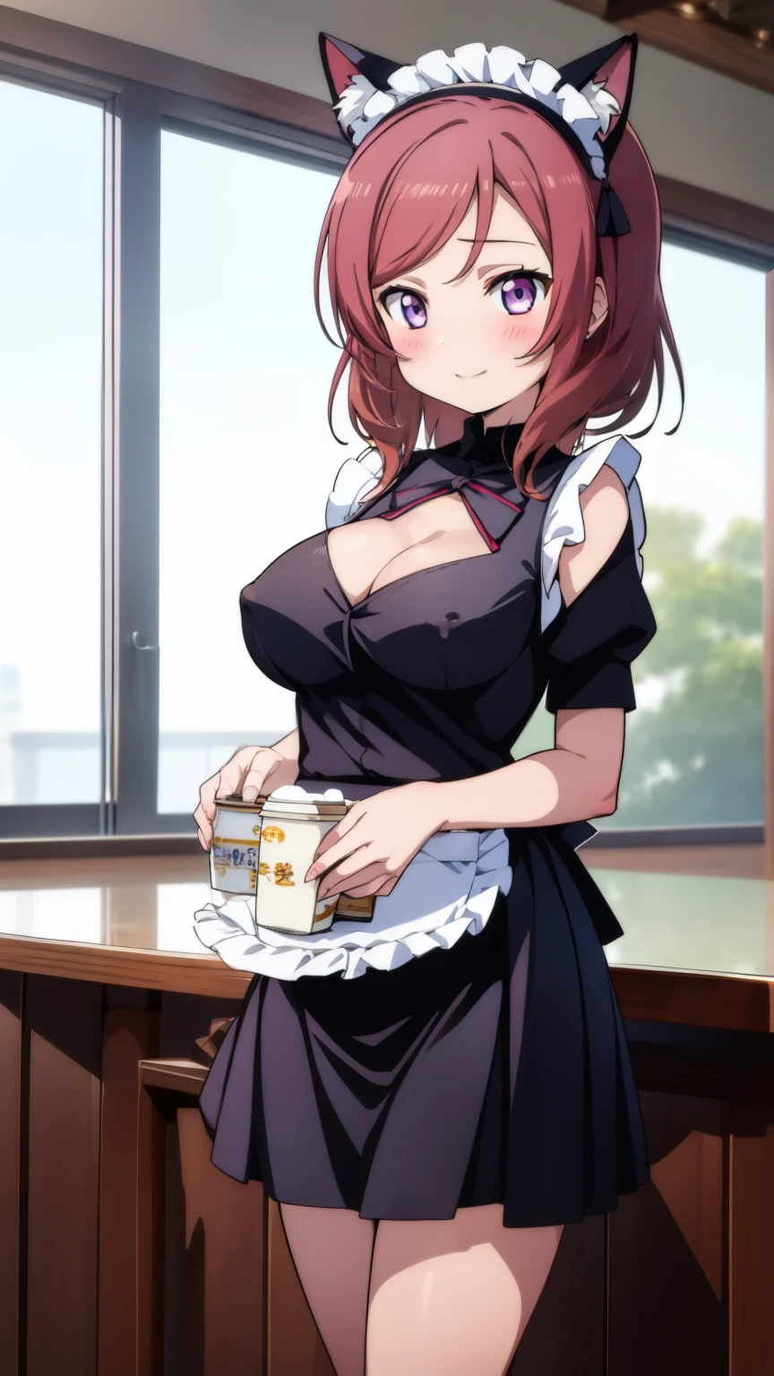 (masterpiece)1 girl, Maki Nishikino、Maid clothes、waitress uniform、highest quality, expressive eyes, perfect face, upper big body, smile, blush, indoor,coffee shop、a lot of people、Day, simple background, lie down, looking for , bright sky, looking for at viewer, stage, moody lighting、very big breasts、cleavage、nipples are transparent、A lot of milk comes out from the nipples、Breast milk squirts out of the nipples、put the chest on the tray、standing position、whole body、mini skirt、Detailed female genital shape clearly visible、Cat ear