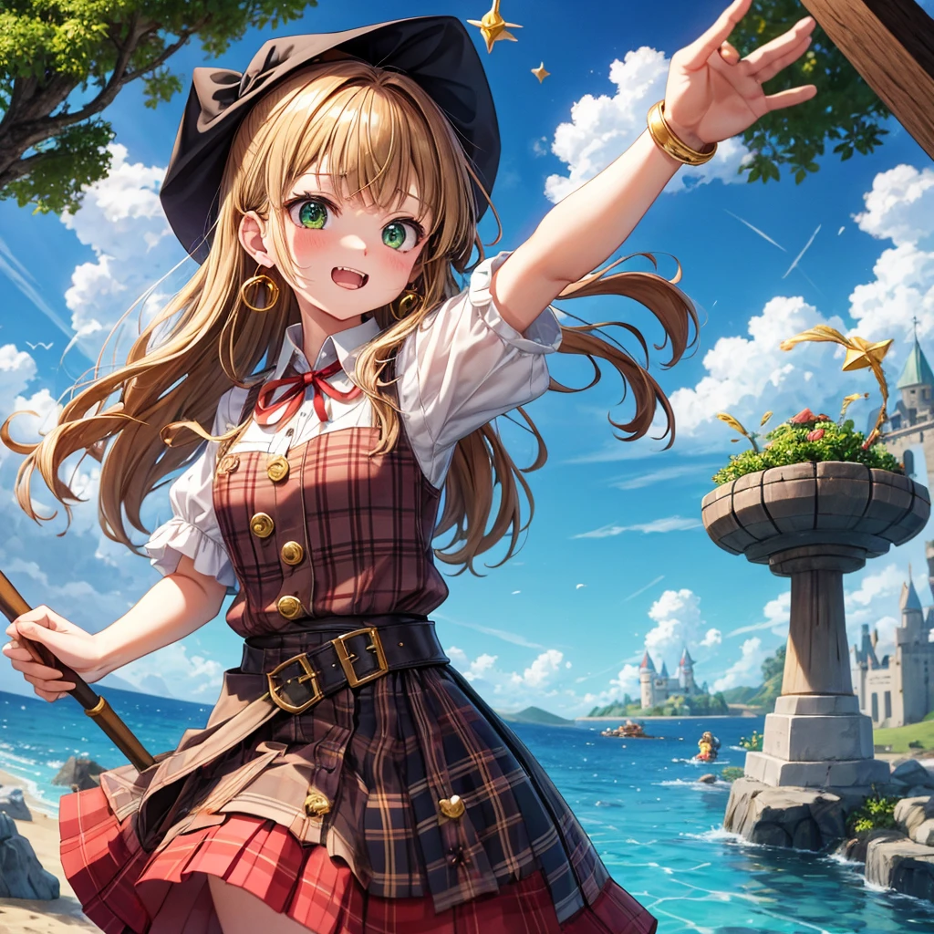 reddish-brown blonde、green eyes、one good looking girl、solo、anime、plaid mini skirt、the skirt has buttons、camisole、black t-shirt、dress、wearing a ribbon、ribbon at waist、cloak、hood、clouds are swirling、stone slabs are piled up、one hand raised、crystal earrings、sun、gold coins are falling、teeth are visible、splash of water、monster castle、have a world map、bow、Swing、ceiling、frying pan、graffiti、scarecrow、heart