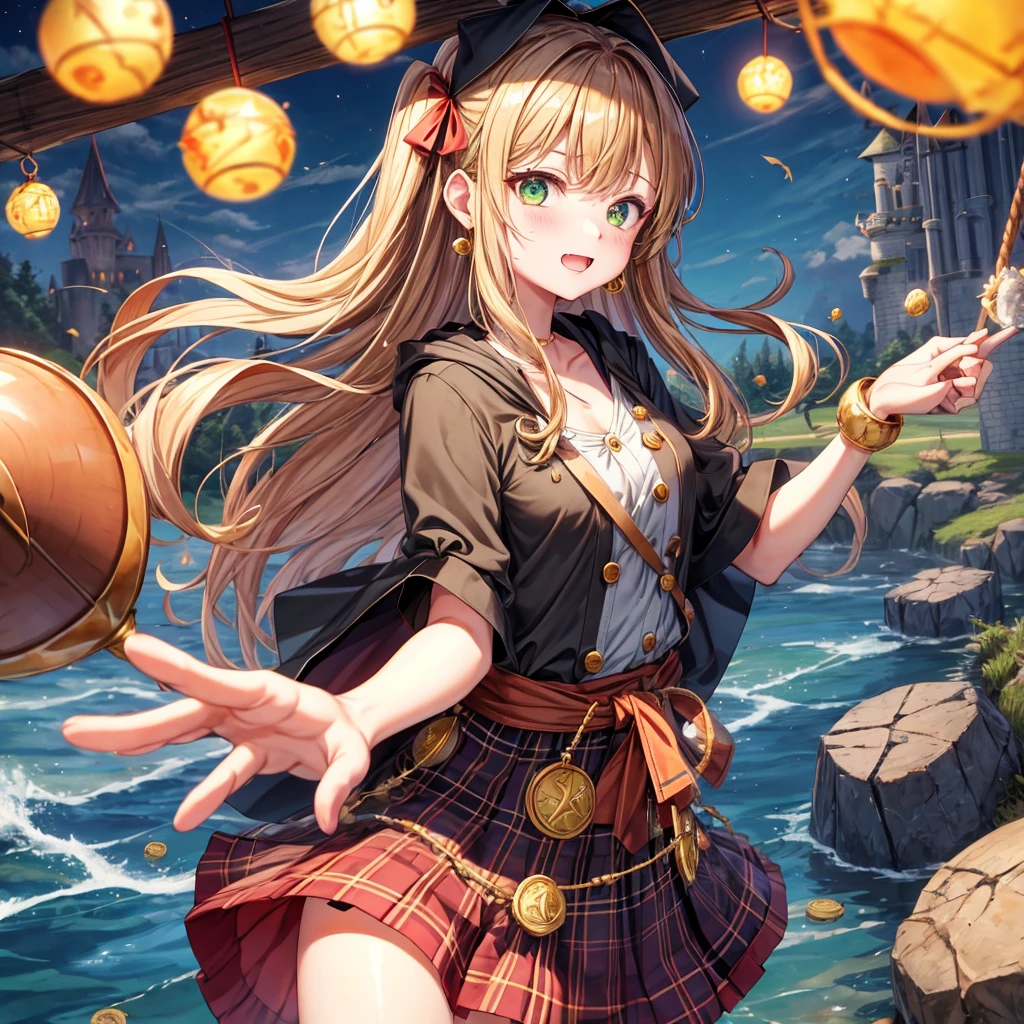 reddish-brown blonde、green eyes、one good looking girl、solo、anime、plaid mini skirt、the skirt has buttons、camisole、black t-shirt、dress、wearing a ribbon、ribbon at waist、cloak、hood、clouds are swirling、stone slabs are piled up、one hand raised、crystal earrings、sun、gold coins are falling、teeth are visible、splash of water、monster castle、have a world map、bow、Swing、ceiling、frying pan、graffiti、scarecrow、heart