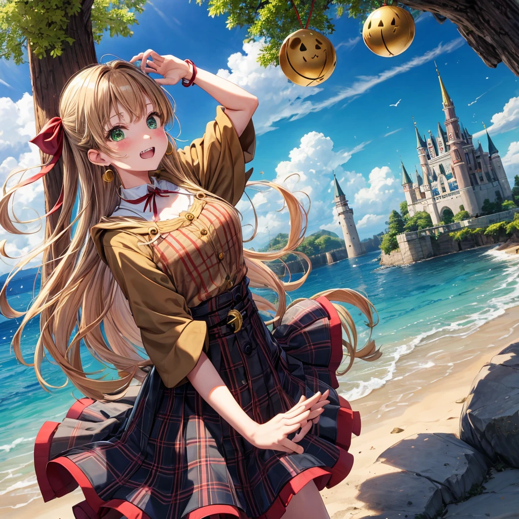reddish-brown blonde、green eyes、one good looking girl、solo、anime、plaid mini skirt、the skirt has buttons、camisole、black t-shirt、dress、wearing a ribbon、ribbon at waist、cloak、hood、clouds are swirling、stone slabs are piled up、one hand raised、crystal earrings、sun、gold coins are falling、teeth are visible、splash of water、monster castle、have a world map、bow、Swing、ceiling、frying pan、graffiti、scarecrow、heart
